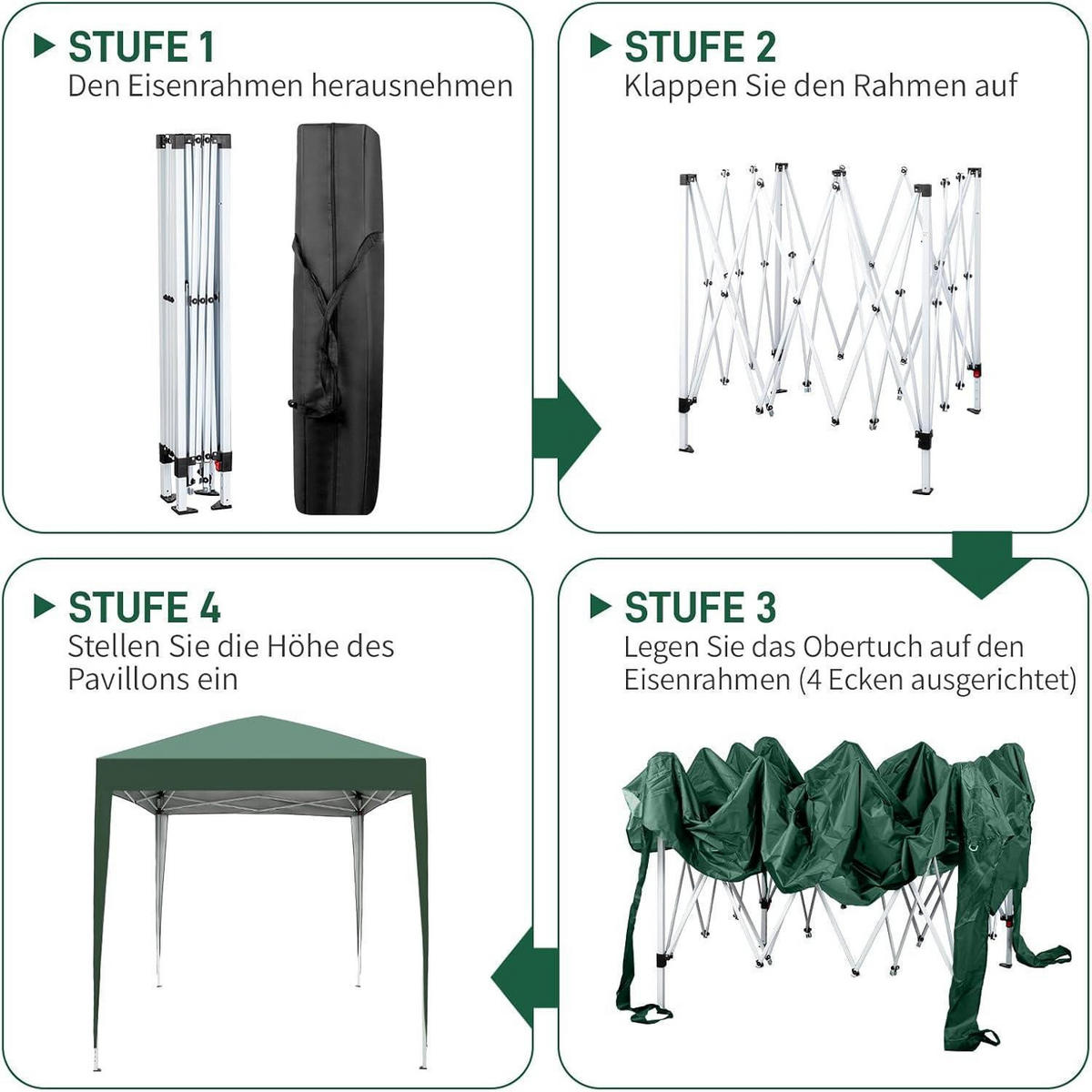 FALTPAVILLON 2 x 2 m Grün UV-Schutz 50+ Wasserdicht Höhenverstellbar mit 4 Seitenteilen - Grün, Textil (200/255/200cm)