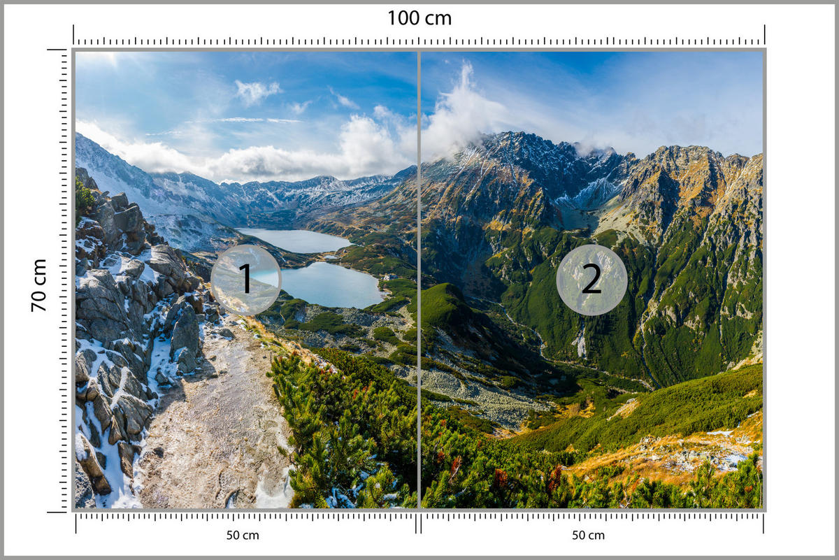 FOTOTAPETE für Wohnzimmer Tal der Fünf Polnischen Seen Gebirge 100x70 - Blau/Gelb, Papier (100/70cm) - Muralo