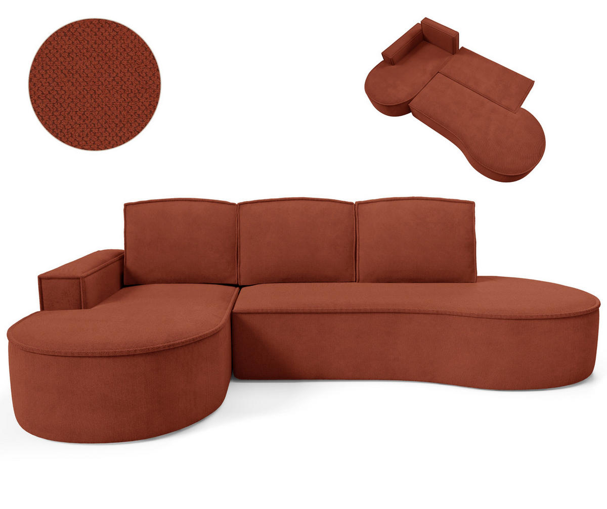 ECKSOFA MOLLY mit Schlaffunktion – Halbrund, freistehend, Liegefläche 140x207 cm, 3 Kissen, Abriamo-Stoff, 277x157x88 cm, Links Braun - Rotbraun, Holz/Textil (157/277cm) - DomoHome
