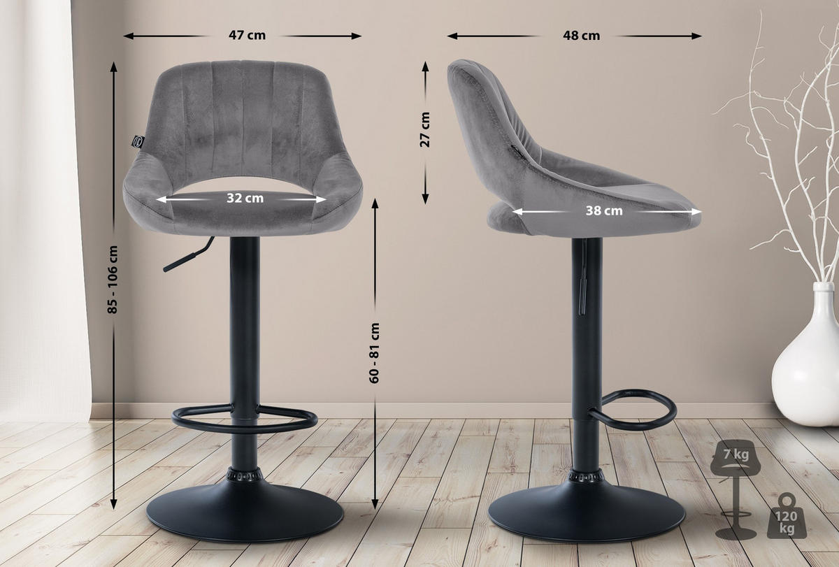 BARHOCKER 2er Set Samt dunkelgrau - Dunkelgrau/Schwarz, Textil (47/85/48cm) - CLP