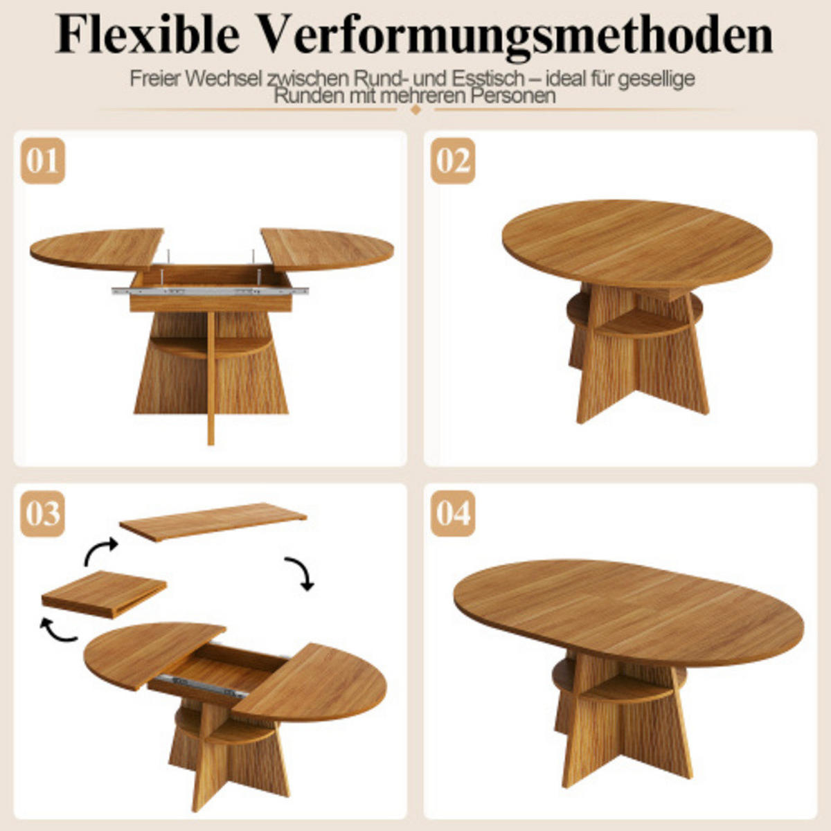 ESSTISCH Ausziehbarer 110-150×110×76 cm aus MDF und Metall mit Säulenfüßen und unterer Ablage, dunkelbraun - Dunkelbraun, Holzwerkstoff (150/110/76cm) - Luhomfu