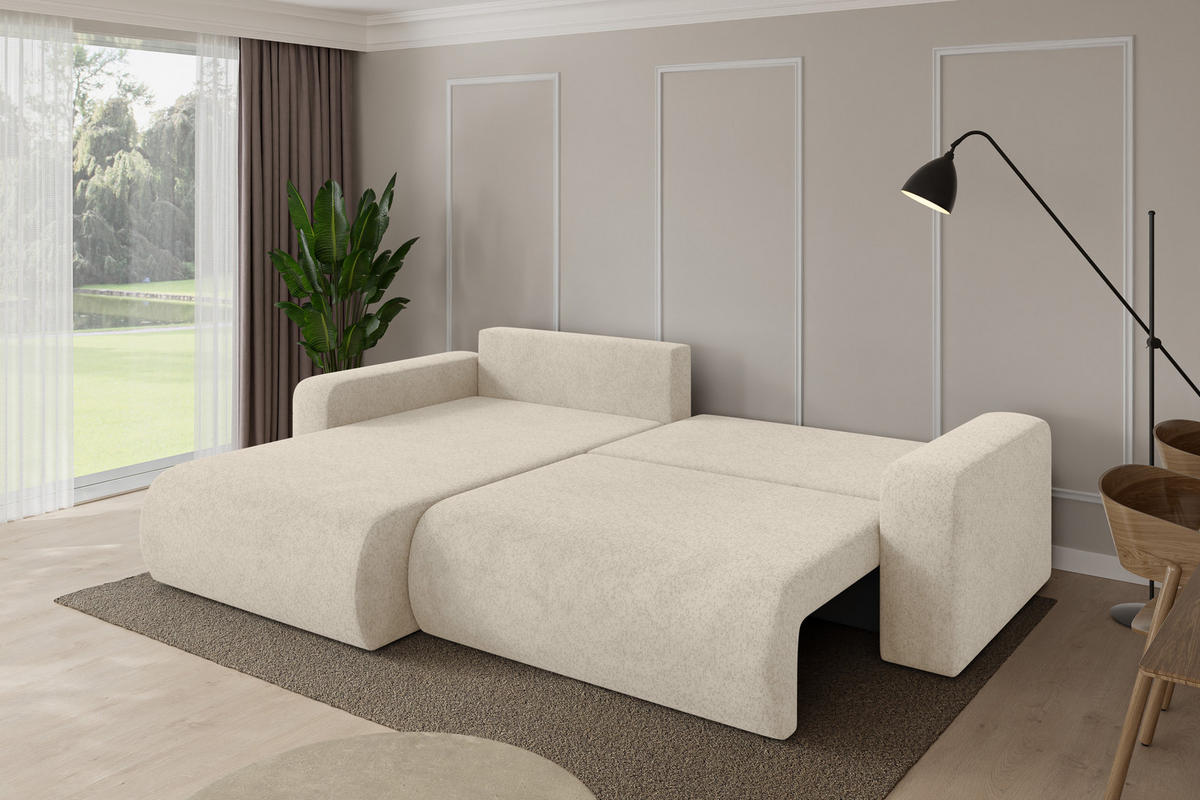 ROHOVÁ SEDAČKA s funkcí spaní, otoman vlevo BERY-L 276x193x88 krémová velur - černá/krémová, kompozitní dřevo/textil (276/193cm) - ALTDECOR