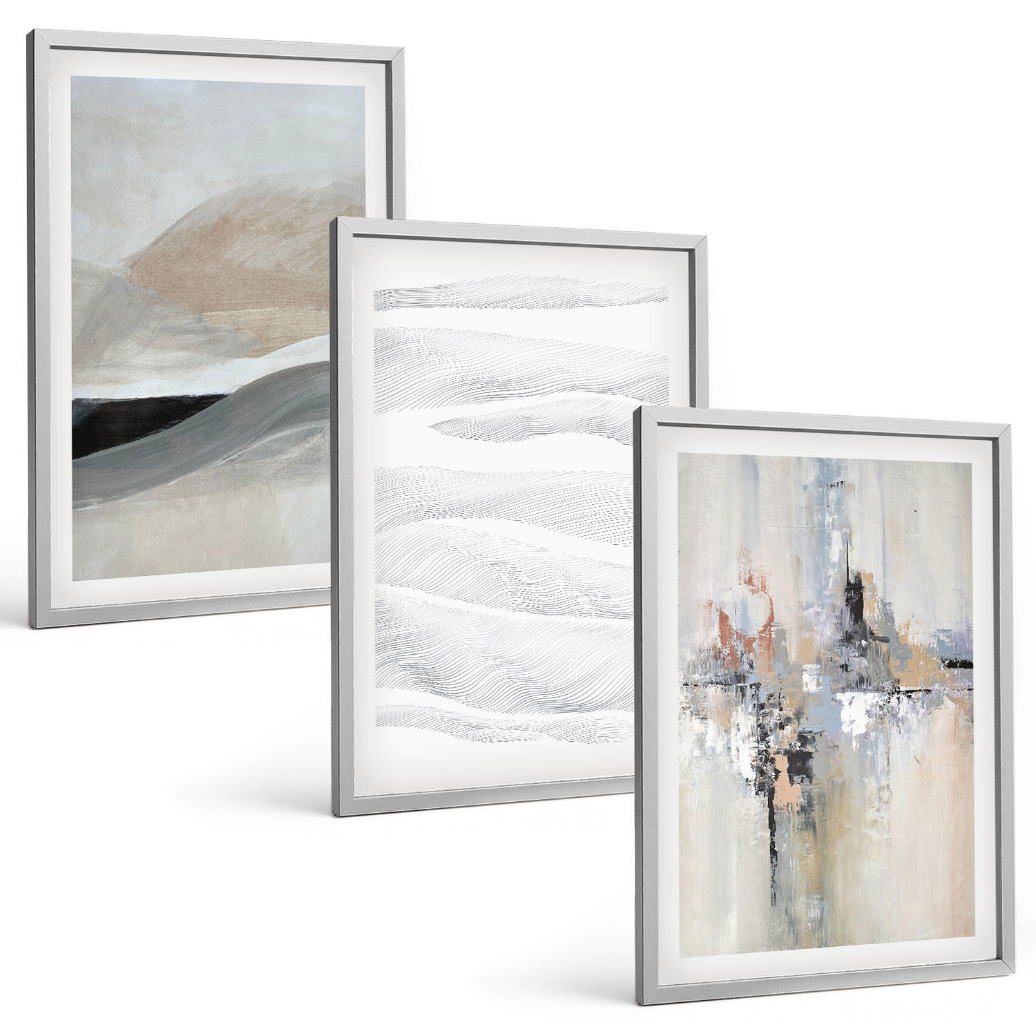 BILDER SET 3er Set - 40x60 cm Silberner Rahmen - Abstrakte Erdmuster - Silberfarben, Kunststoff (40/60cm) - TULUP