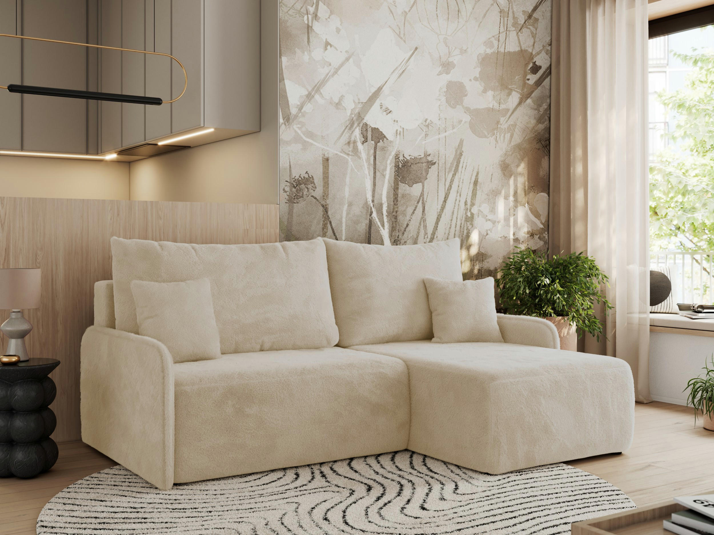 ECKSCHLAFSOFA ARPA L Creme Plüsch - rechts - Creme/Schwarz, Kunststoff/Textil (150/198cm) - MKS