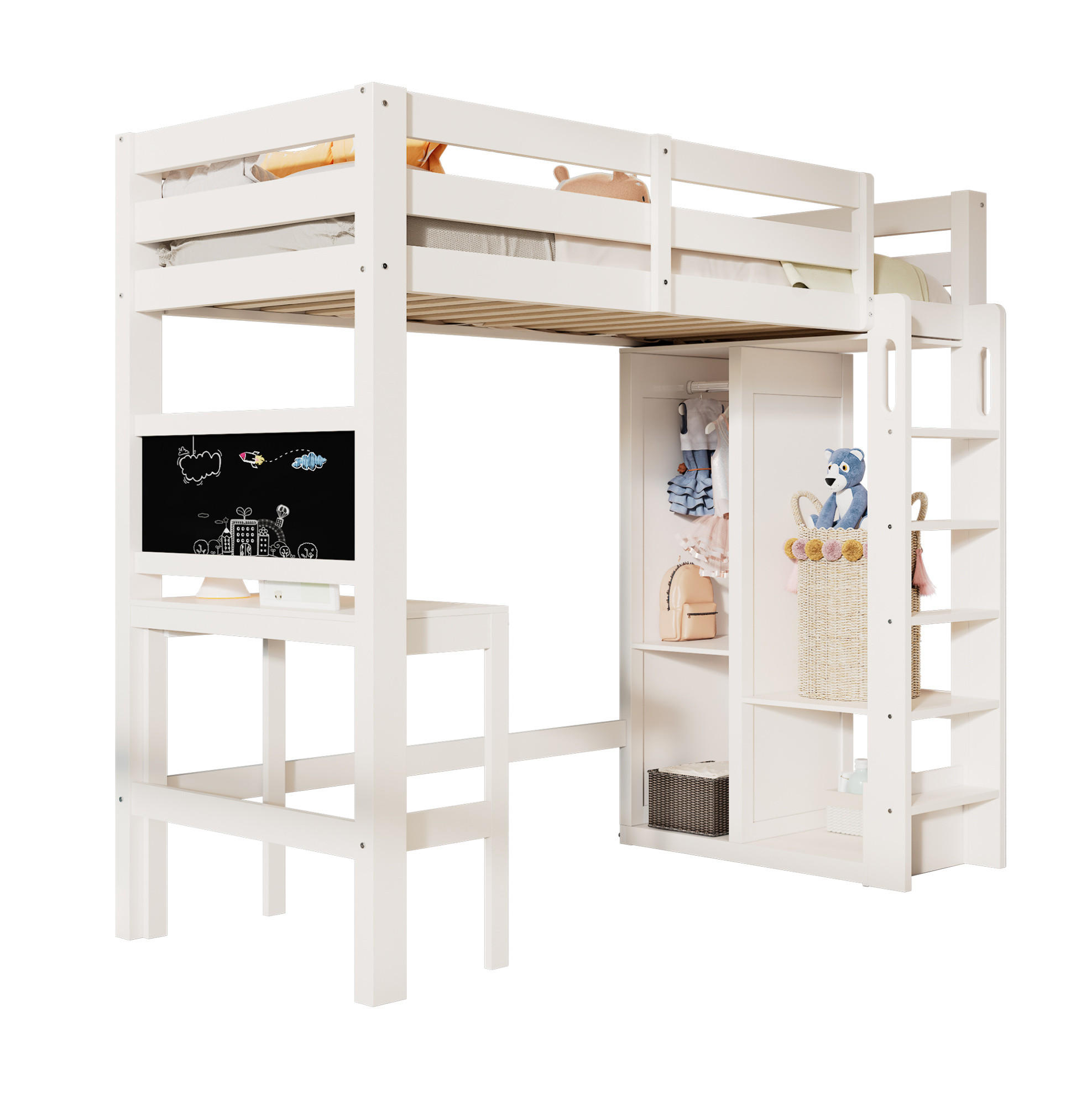 HOCHBETT 90/200 cm mit Schreibtisch, Kreidetafel, offenem Kleiderschrank und Regalen, Holz, Weiß - Weiß, Holzwerkstoff (90/200cm) - Redom