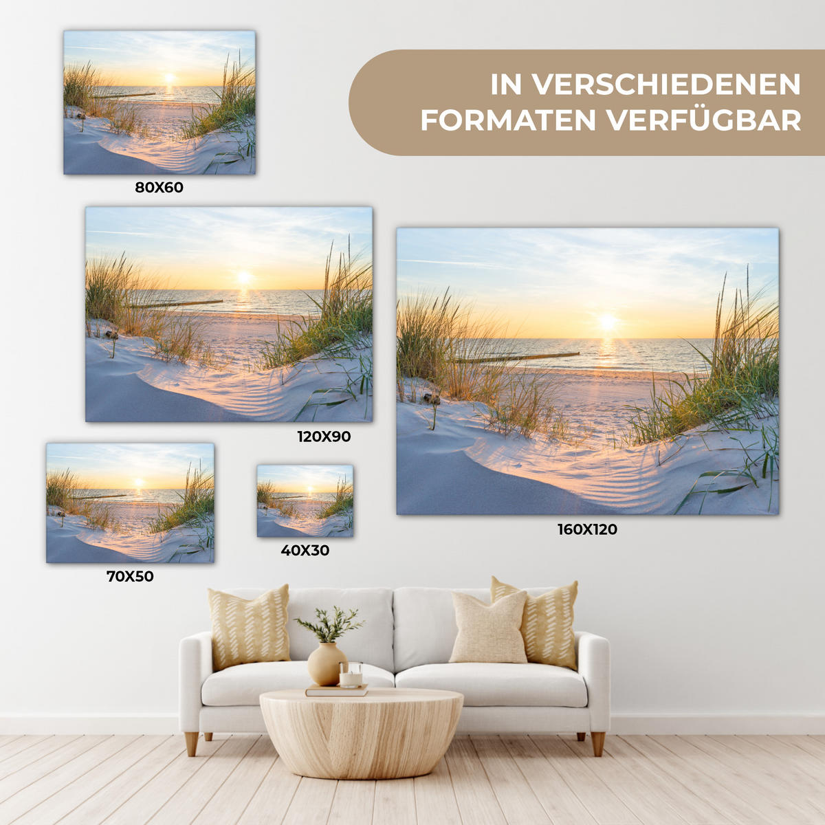 LEINWANDBILD Strand - Sonne - Düne - Gras - Sand - Horizont Wandbilder 80x60 cm - Hellblau, Textil (80/60cm) - MuchoWow