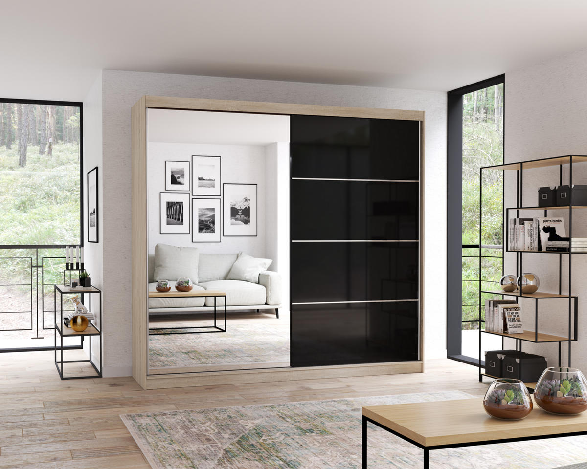 SCHIEBETÜRENSCHRANK - BEN 31 233 CM (Sonoma + Schwarz) - Schwarz/Sonoma Eiche, Holzwerkstoff/Metall (233/218/61cm) - Möblo