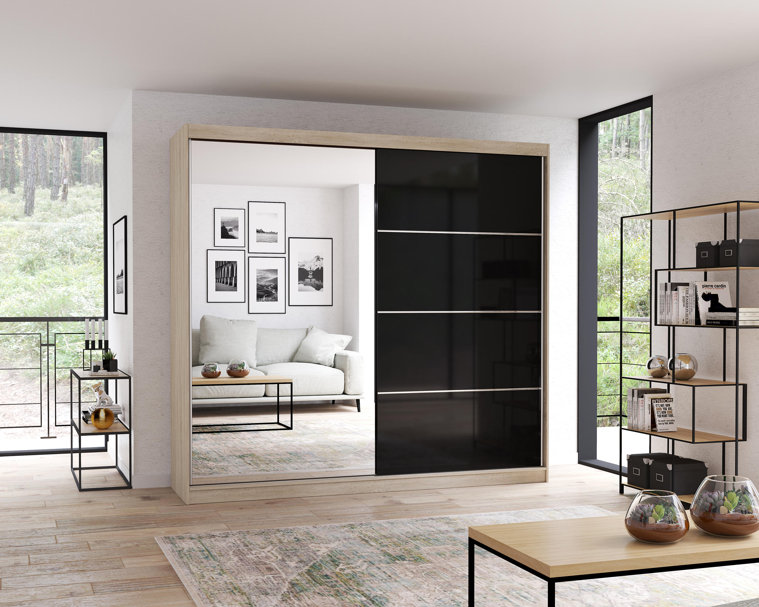 Thumbnail - Möblo Schiebetürenschrank, Sonoma Eiche, Metall, Rechteckig, 233x218x61 cm, Schlafzimmer, Kleiderschränke, Schwebetürens...