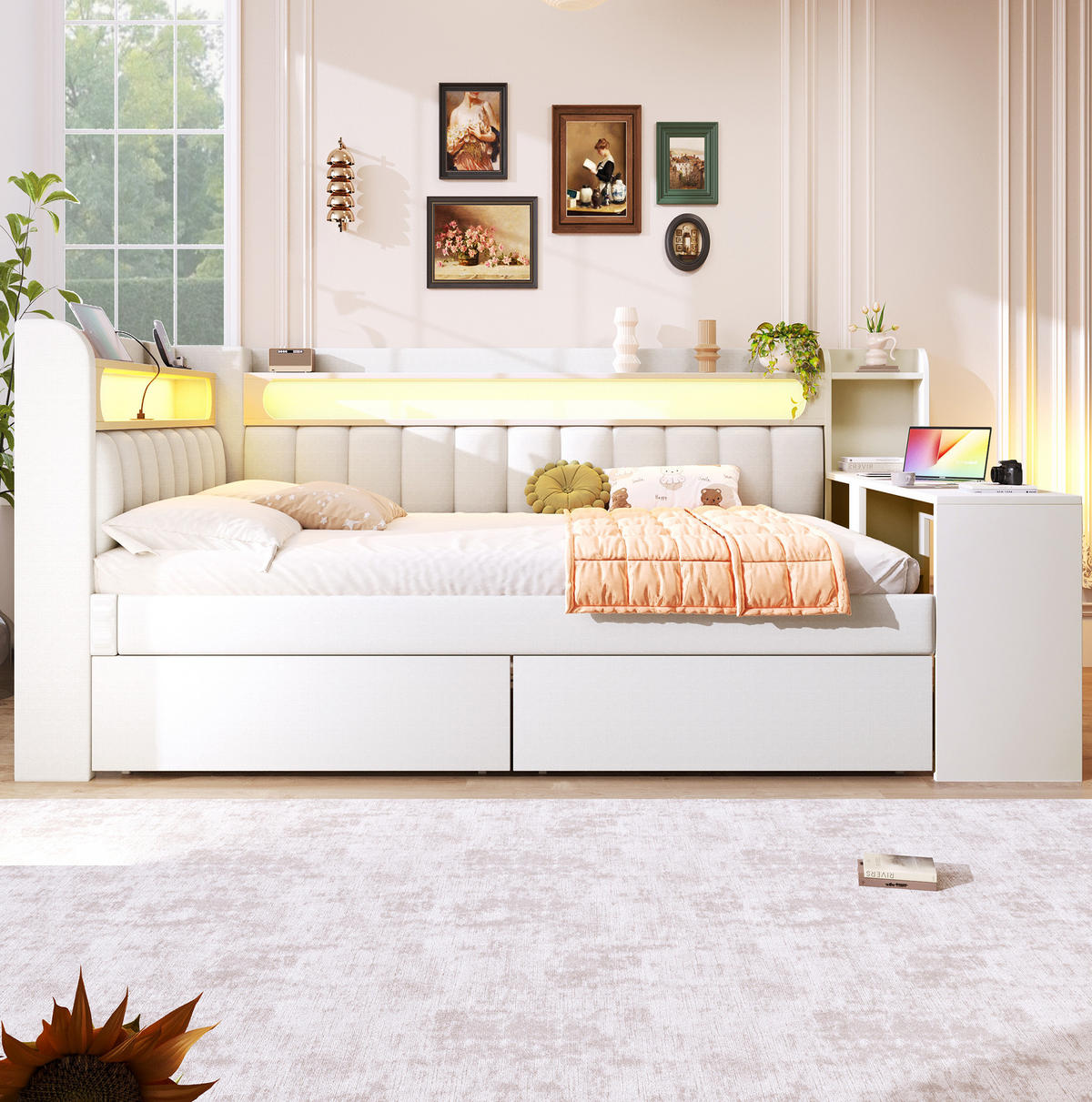 POLSTERBETT 140/200 cm mit LED-Beleuchtung, USB, Schreibtisch und 2 Schubladen, gepolstert, Weiß - Weiß, Holzwerkstoff (140/200cm) - Redom