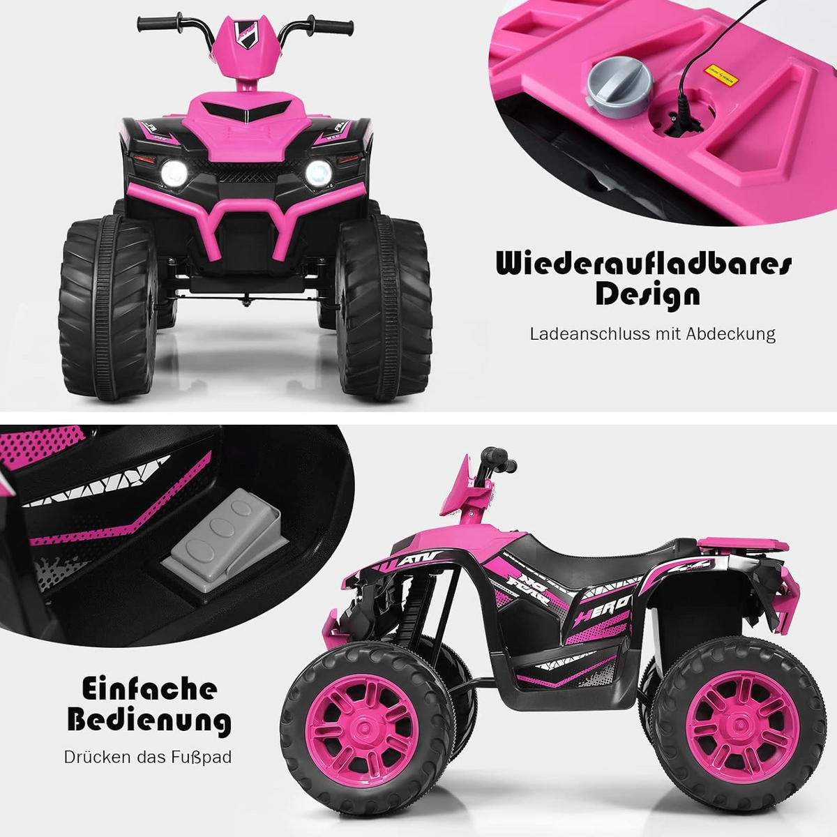 KINDERQUAD 12V Elektro Rosa - Pink, Kunststoff (67/74/104cm) - COSTWAY