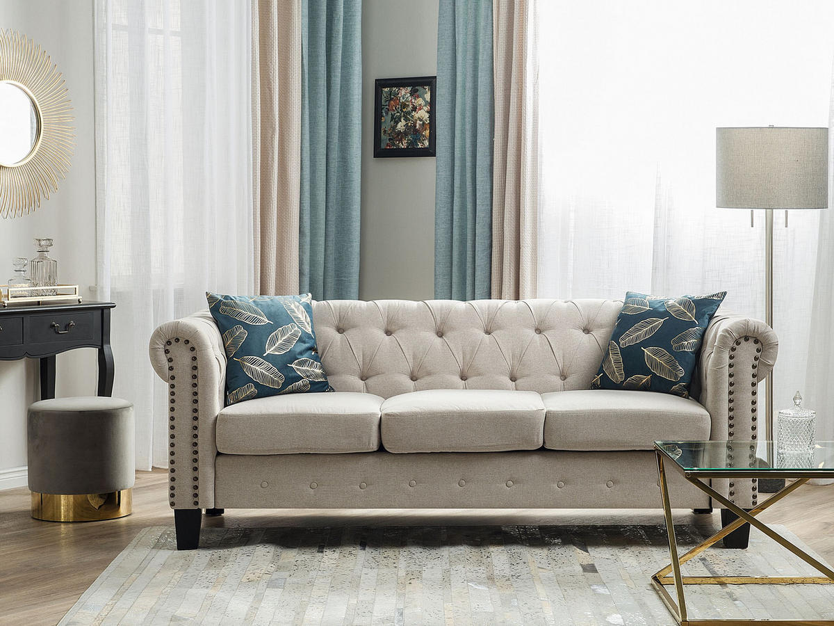 3-SITZER-SOFA Polsterbezug Beige Chesterfield - Beige, Textil (208/78/88cm) - Beliani