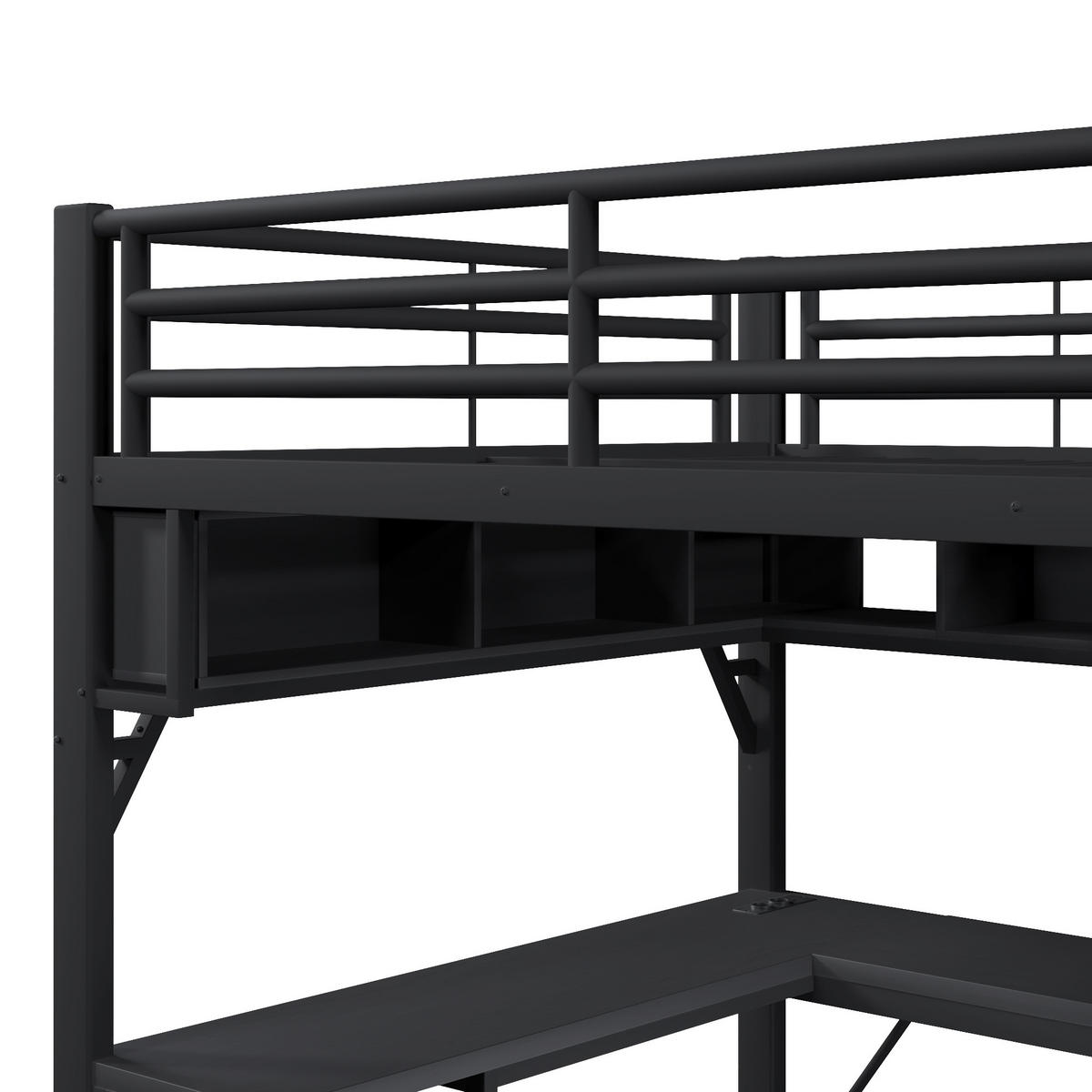 HOCHBETT 140/200 cm in Schwarz mit Schreibtisch, Regal, Schubladen, LED und USB - Schwarz, Holzwerkstoff/Metall (140/200cm) - STILVORA