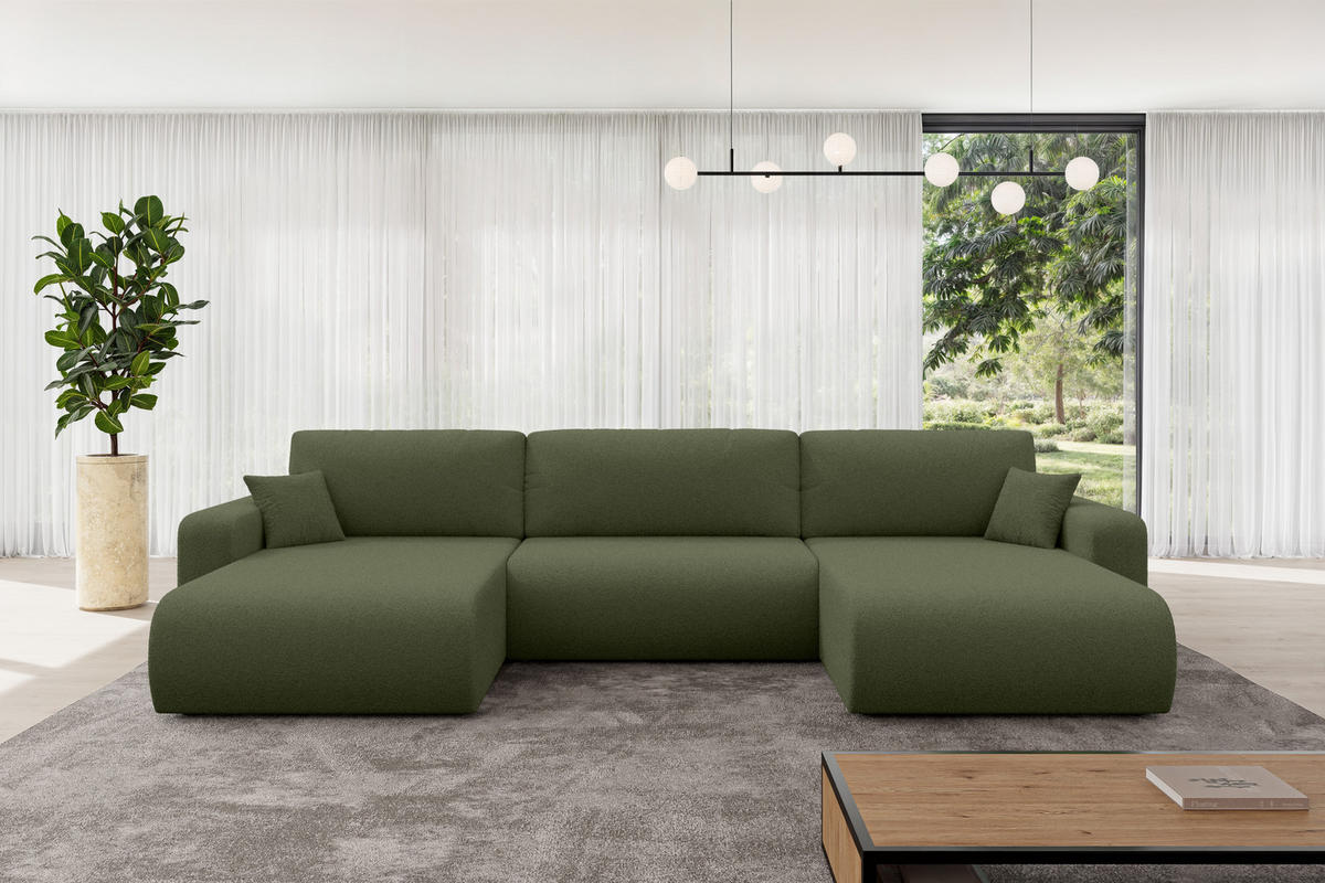SEDACÍ SOUPRAVA DO U s funkcí spaní a úložným prostorem BERY-U 377x193x88 zelená bouclé - černá/zelená barva, kompozitní dřevo/textil (377/88/193cm) - ALTDECOR