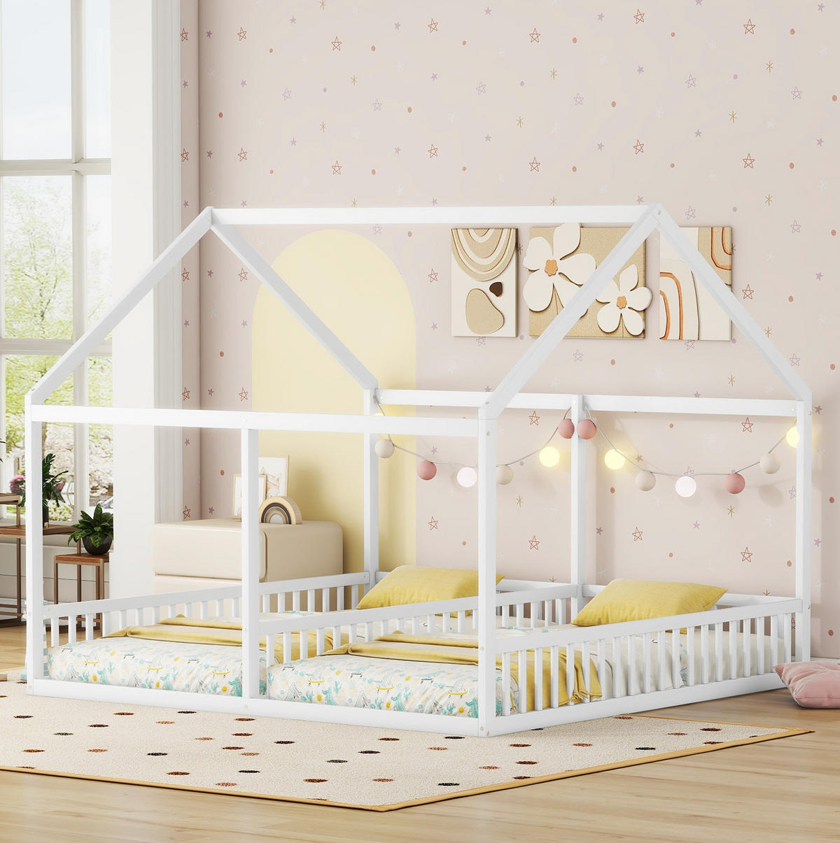 HAUSBETT 90/200 cm, Weiß mit 2-in-1-Funktion und Schutzgitter - Weiß, Holz (90/200cm) - MIVRAY