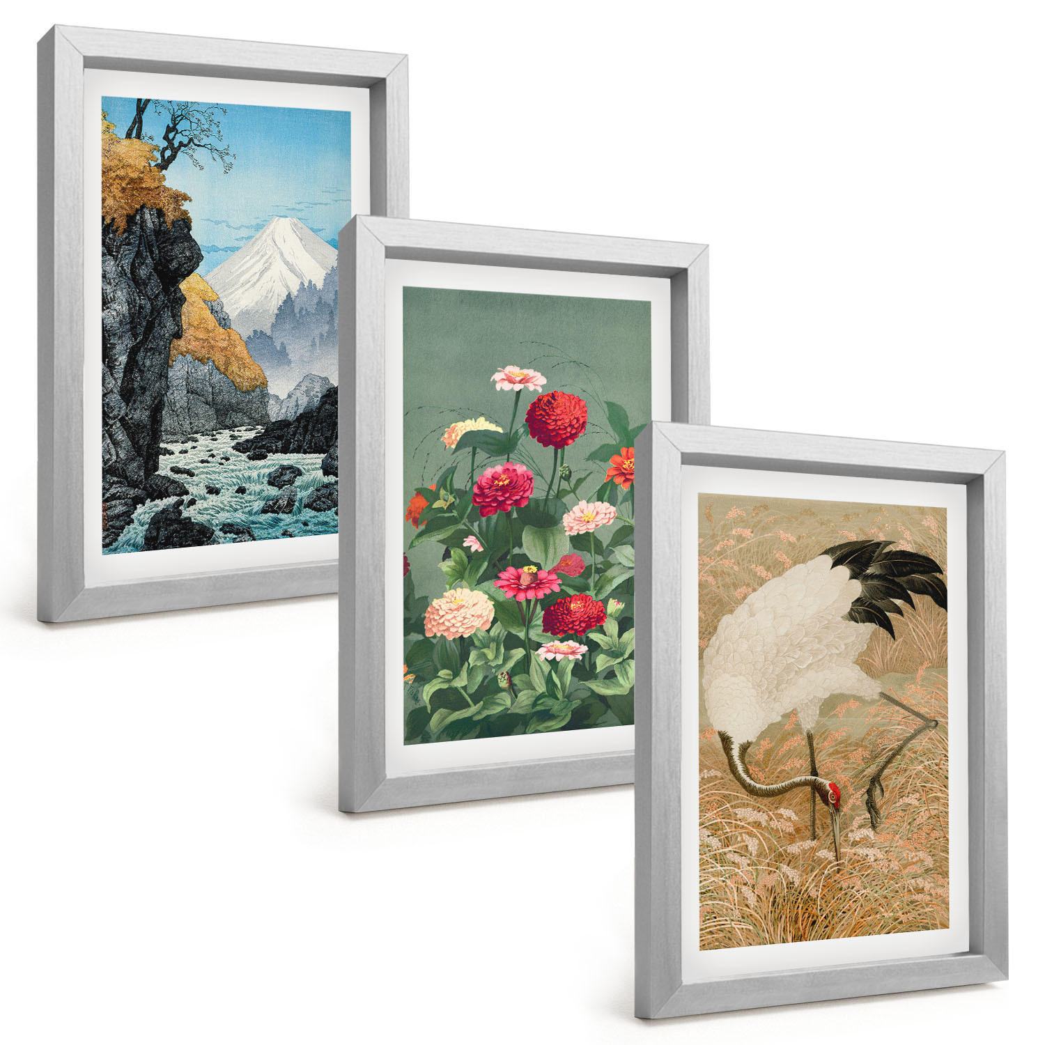 BILDER SET 3er Set - 20x30 cm Silberner Rahmen - Berglandschaft, Fluss, Blumen, Kraniche - Silberfarben, Kunststoff (20/30cm) - TULUP