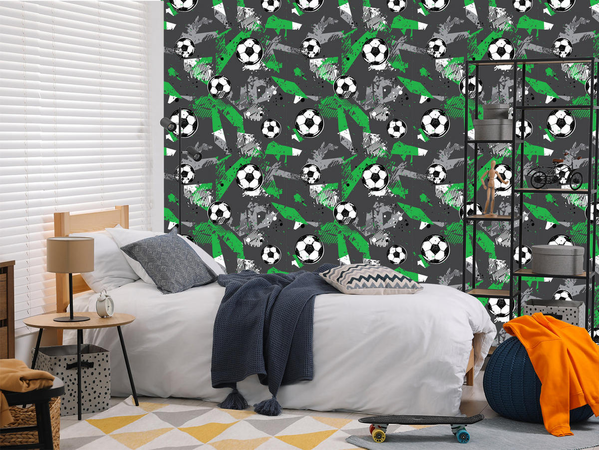 VLIESTAPETE Abstraktes Fußball-Graffiti – Grün, Grau, Schwarz – 50x1000 cm - Schwarz/Grau, Papier (50/1000cm) - Muralo