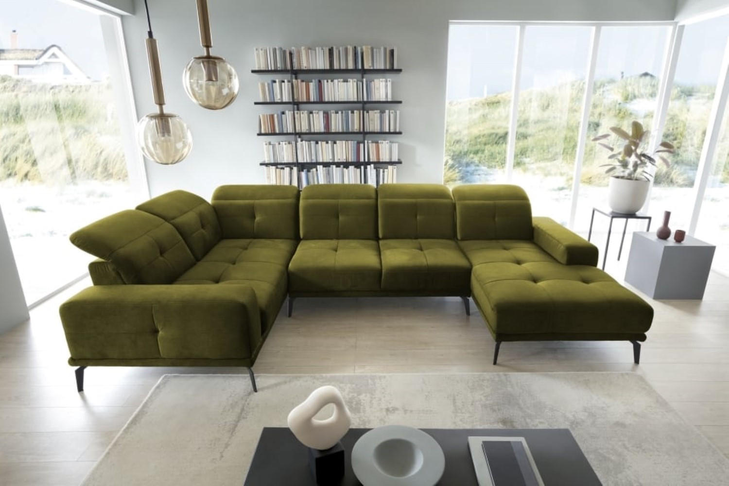 WOHNLANDSCHAFT mit Sitztiefenverstellung, wasserabweisender Nube-Stoff der Spitzenklasse - Schwarz/Grün, Textil/Metall (350/77/210cm) - Eltap