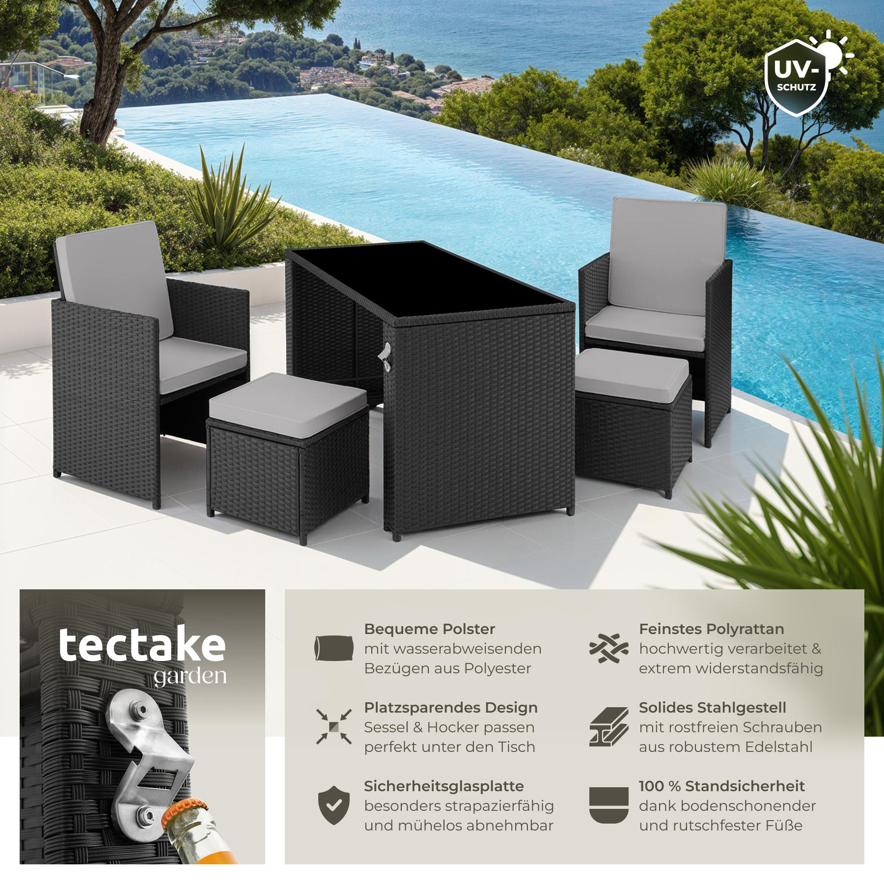 RATTAN SITZGRUPPE Palermo,inklusive Flaschenöffner, zusammenschiebbar,schwarz/grau - Schwarz/Grau, Kunststoff - tectake