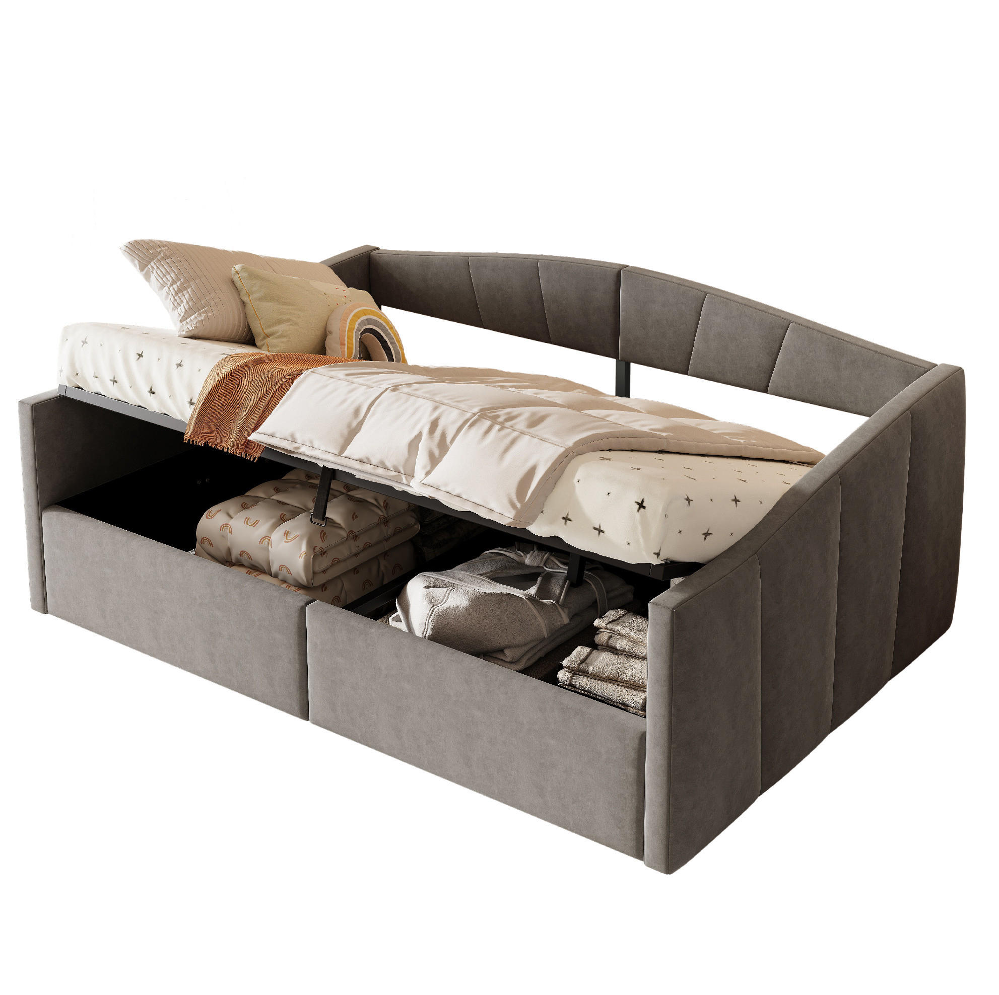 POLSTERBETT 140/200 cm Grau aus Samtstoff mit Bettkasten - Dunkelgrau, Leder (140/200cm) - OKMYHOME