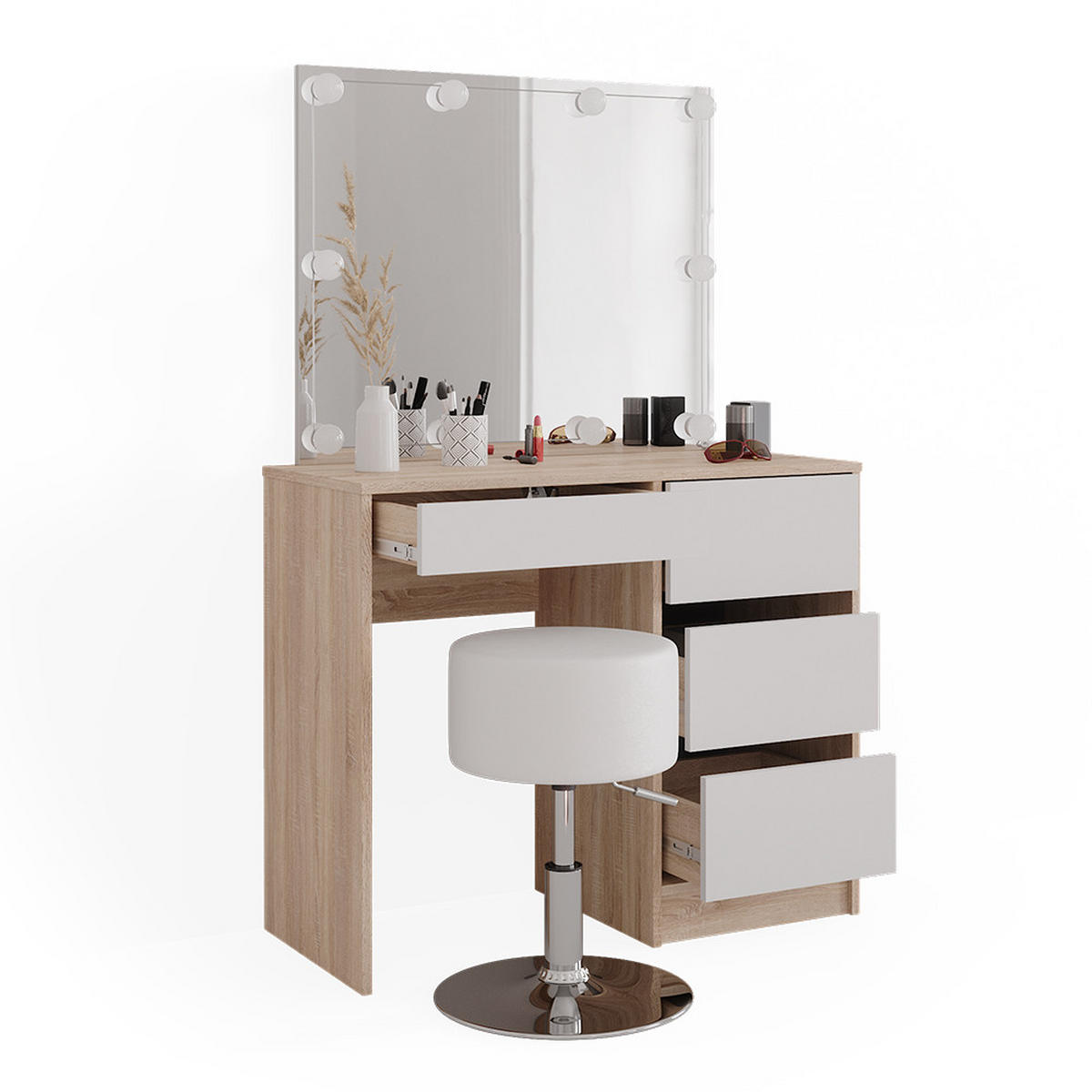 SCHMINKTISCH Sherry Sonoma 90 cm mit LED Beleuchtung und Hocker - Weiß/Sonoma Eiche, Holzwerkstoff (90/75/40cm) - Vicco