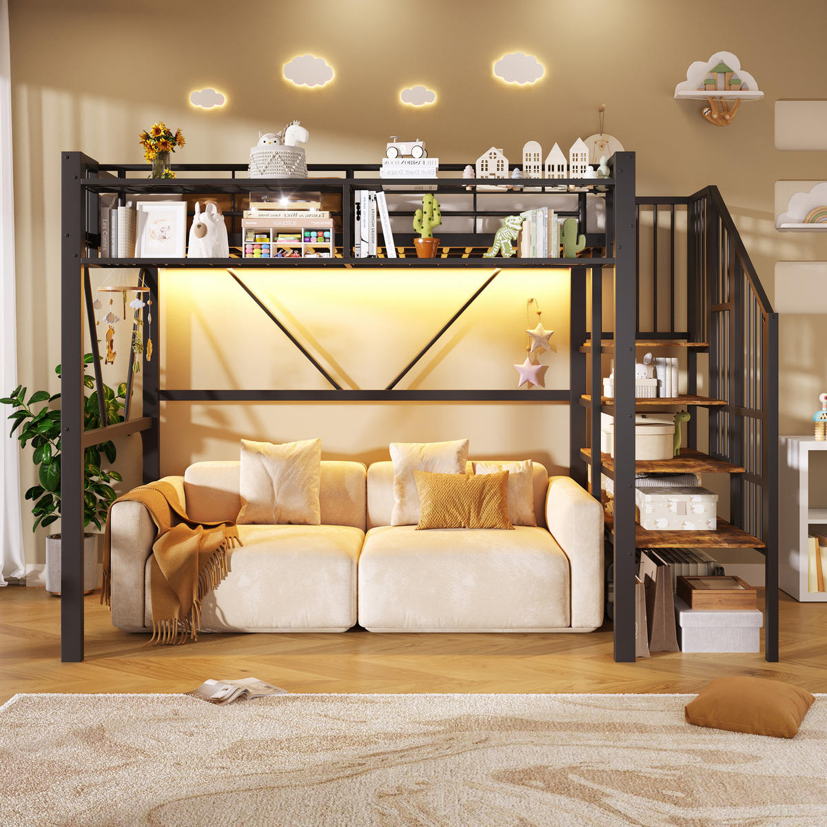 HOCHBETT 90/200 cm in Schwarz mit Stufenregal, Gitterelementen, Stauraum und LED aus Metall und MDF - Schwarz, Metall - STILVORA