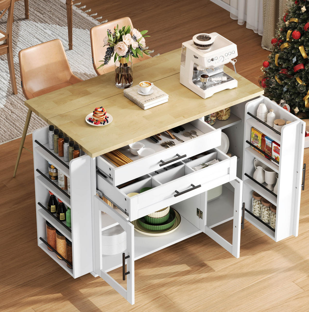 KÜCHENINSEL 120/45-70/90 cm aus MDF mit klappbarem Arbeitsbereich Natur/Weiß - Naturfarben, Holzwerkstoff (138/90/70cm) - Modenvie