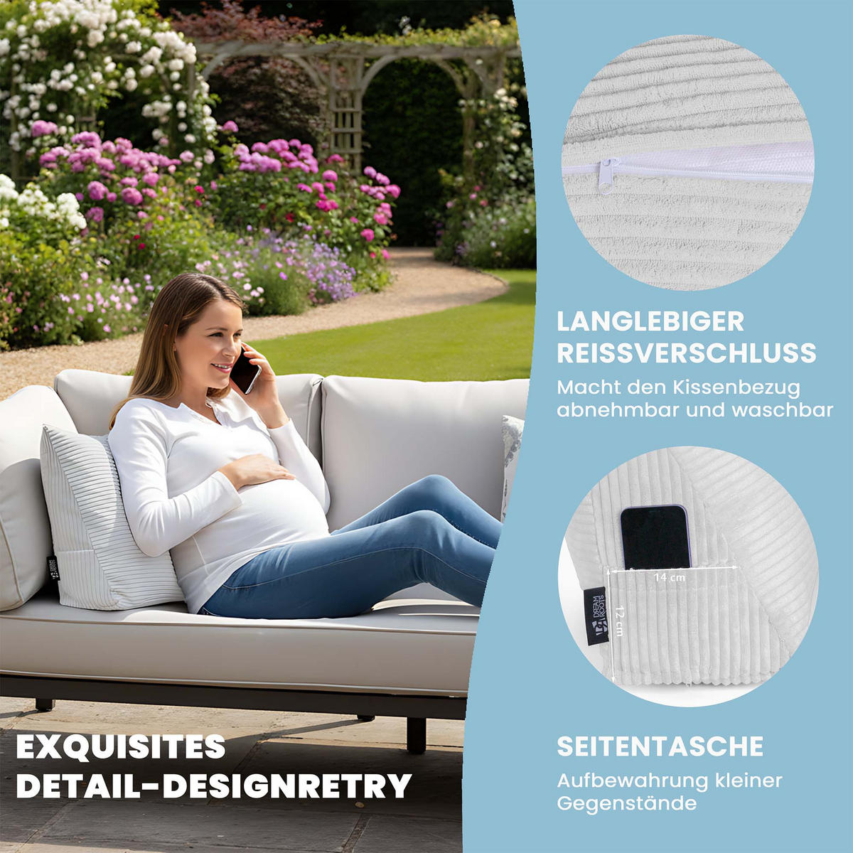 KEILKISSEN Cool Grey, 70/40/20 cm, Cord - Hellgrau, Textil (70/20cm) - Dreamroots