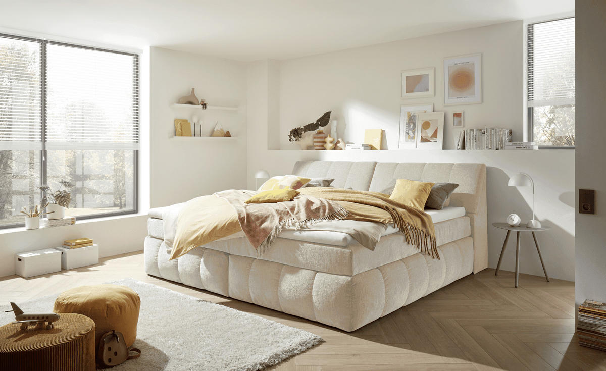 BOXSPRINGBETT XXL 240x200 – 7‑Zonen-Tonnentaschenfederkern, H2, Topper, Unterbox & Bettkasten - Beige/Creme, Holz/Kunststoff (200/240cm) - ed exciting design