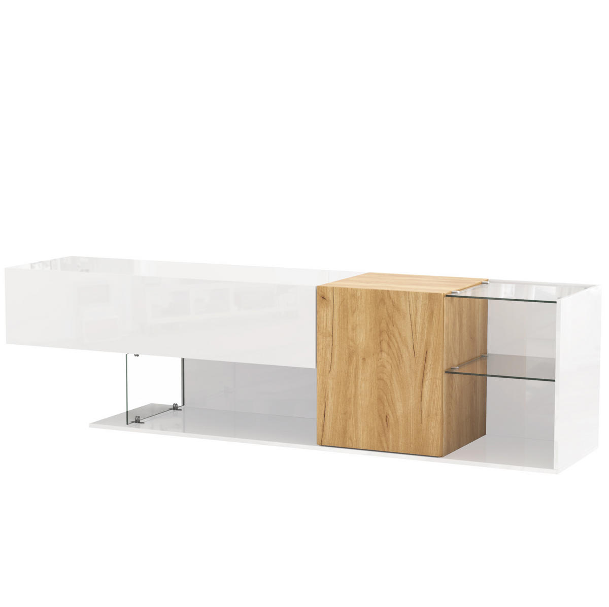 LOWBOARD TV-Kommode 180/38/48 cm aus Spanplatte mit Glasregalen und Stauraum Weiß/Natur - Weiß, Holzwerkstoff (180/48/38cm) - Modenvie