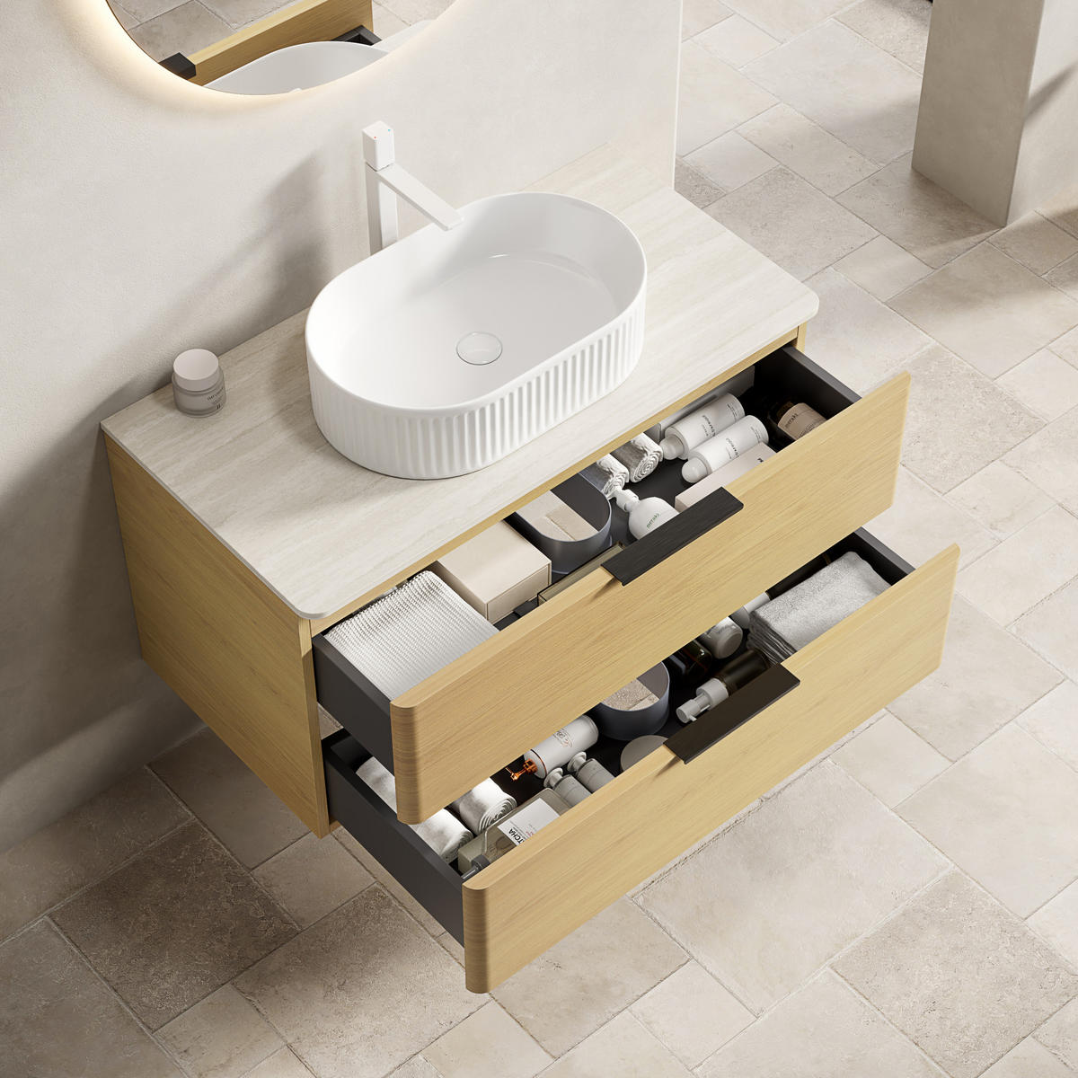 WASCHTISCHKOMBI 90 cm in Beige/Eiche mit Keramikbecken und 2 Schubladen - Eichefarben, Keramik (90/62.2/46cm) - Flora Grace