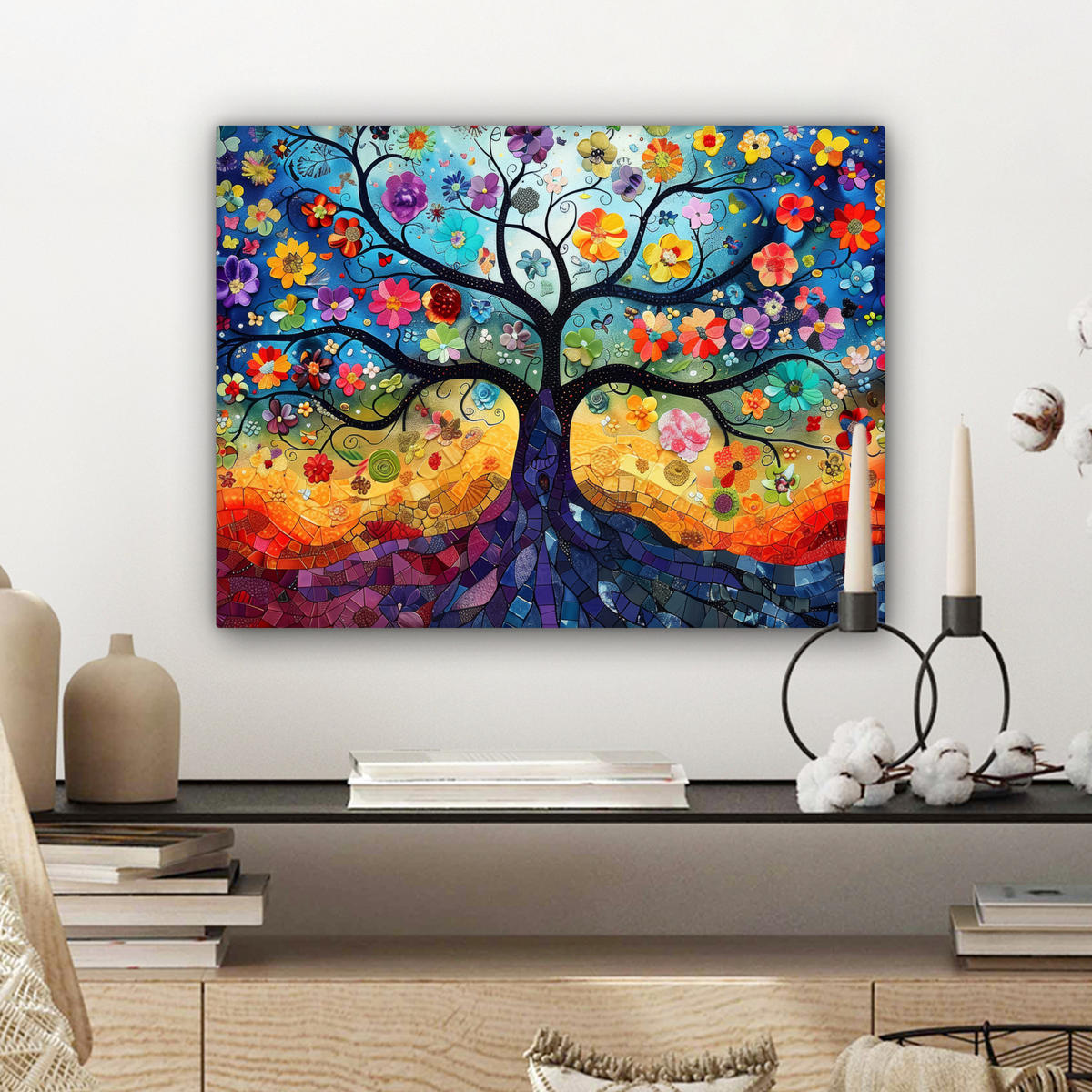 LEINWANDBILD Kunst - Baum des Lebens - Blumen - Hippie Wandbild 40x30 cm - Dunkelblau, Textil (40/30cm) - MuchoWow