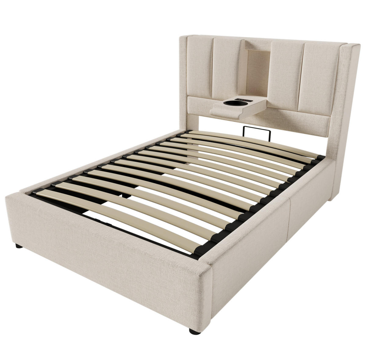 POLSTERBETT 90/200 cm mit Ladestation, verstecktem Becherhalter und hydraulischem Stauraum, Leinen Beige - Grau, Textil (90/200cm) - Redom