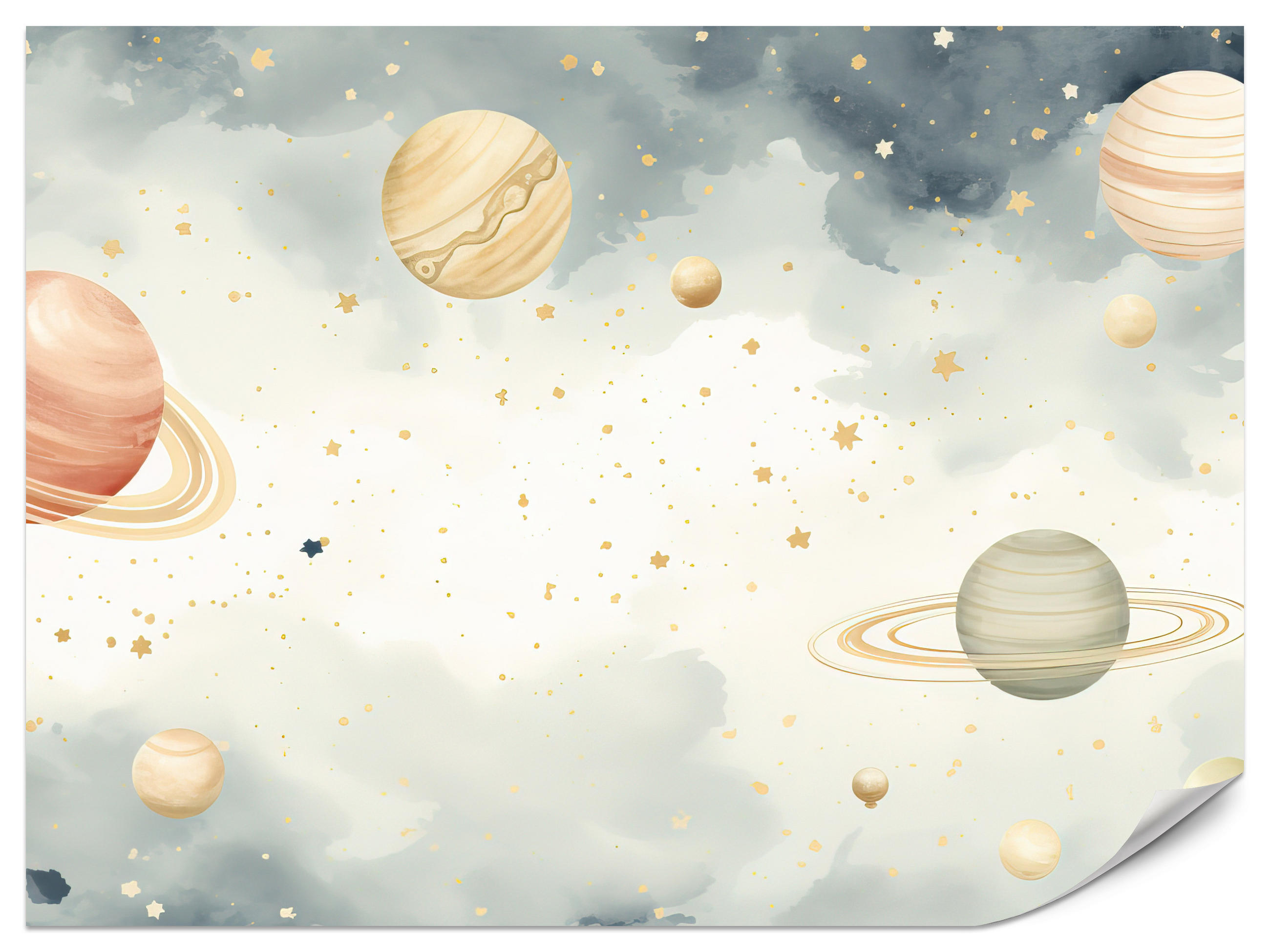 FOTOTAPETE für Kinderzimmer Pastell Planeten Saturn Uran Sterne 150x105 - Blau/Ecru, Papier (150/105cm) - Muralo