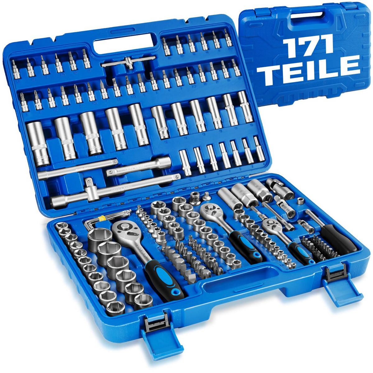 STECKSCHLÜSSELSATZ, übersichtliche Anordnung im Kunststoffkoffer,blau - Blau, Metall (46.5/33.5/9cm) - tectake