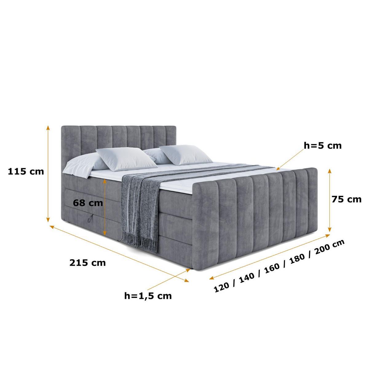BOXSPRINGBETT OTTA-Z KING - 160x200 - H3/H4 - Dunkelgrau - Dunkelgrau, Holzwerkstoff (160/200cm) - ALTDECOR