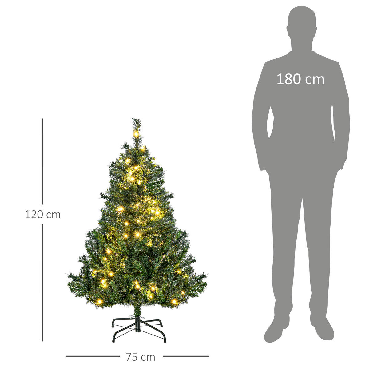 WEIHNACHTSBAUM Tannenbaum mit Deko 80/120 LEDs 307 Spitzen Ø75 x 120H cm - Grün, Kunststoff/Metall (120cm) - HOMCOM