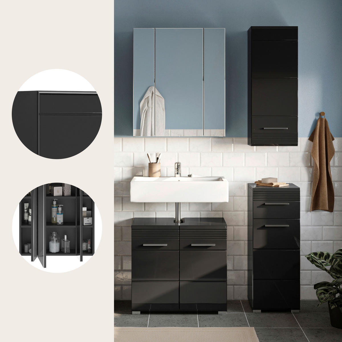BADMÖBEL Set Linus 4tlg. Bad Kombination in Weiß o. Schwarz (B/H/T: 106x182x34 cm) - Schwarz, Holz (106/182/34cm)