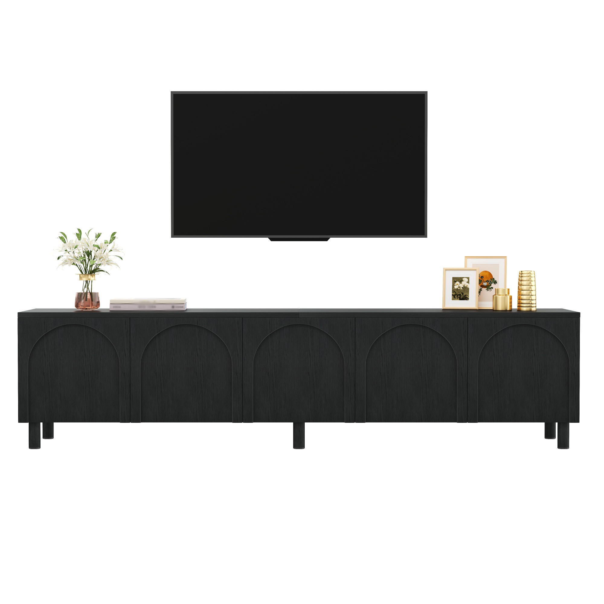 STILVORA TV STOLEK černý s kovovými nohami a 5 dvířky, 180×38×45 cm, do obývacího pokoje
