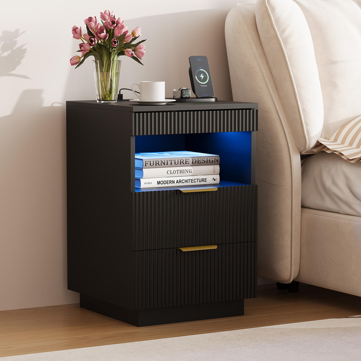 NACHTSHRANK Schwarz mit LED-Beleuchtung, Steckdose, USB & Type-C, Nachttisch mit 2 Schubladen, 40/40/60 cm - Goldfarben/Schwarz, Holz/Metall (40/60/40cm) - BPKADHY