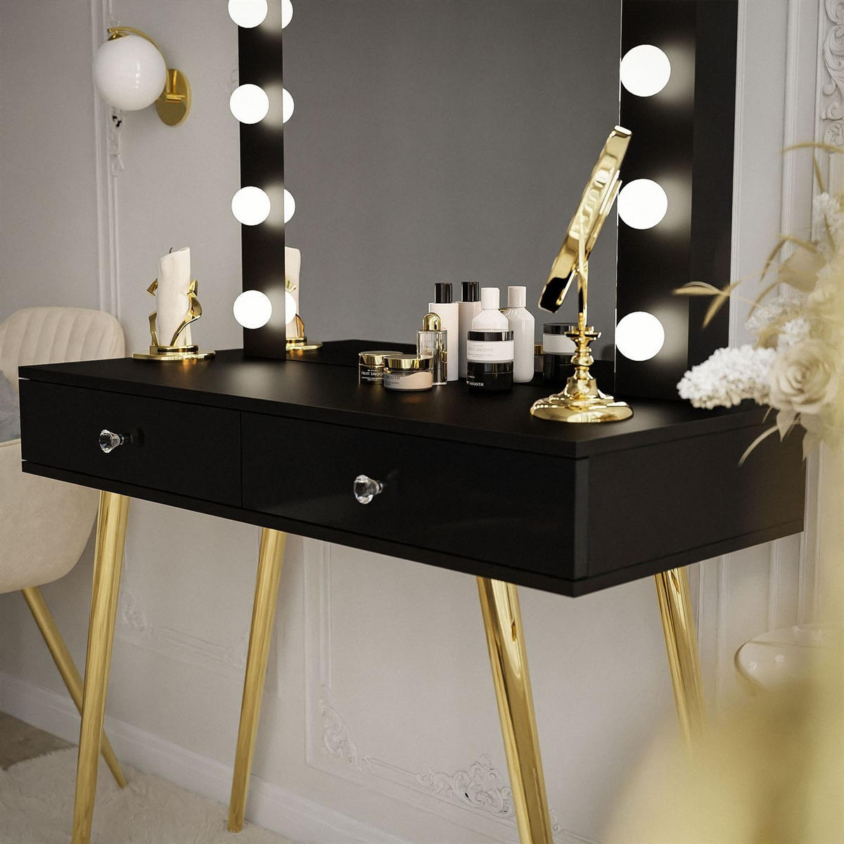 Schminktisch SIENNA GOLD mit Schubladen auf goldenen Beinen - Schwarz Hochglanz/Goldfarben, Holzwerkstoff (100/81/42cm)