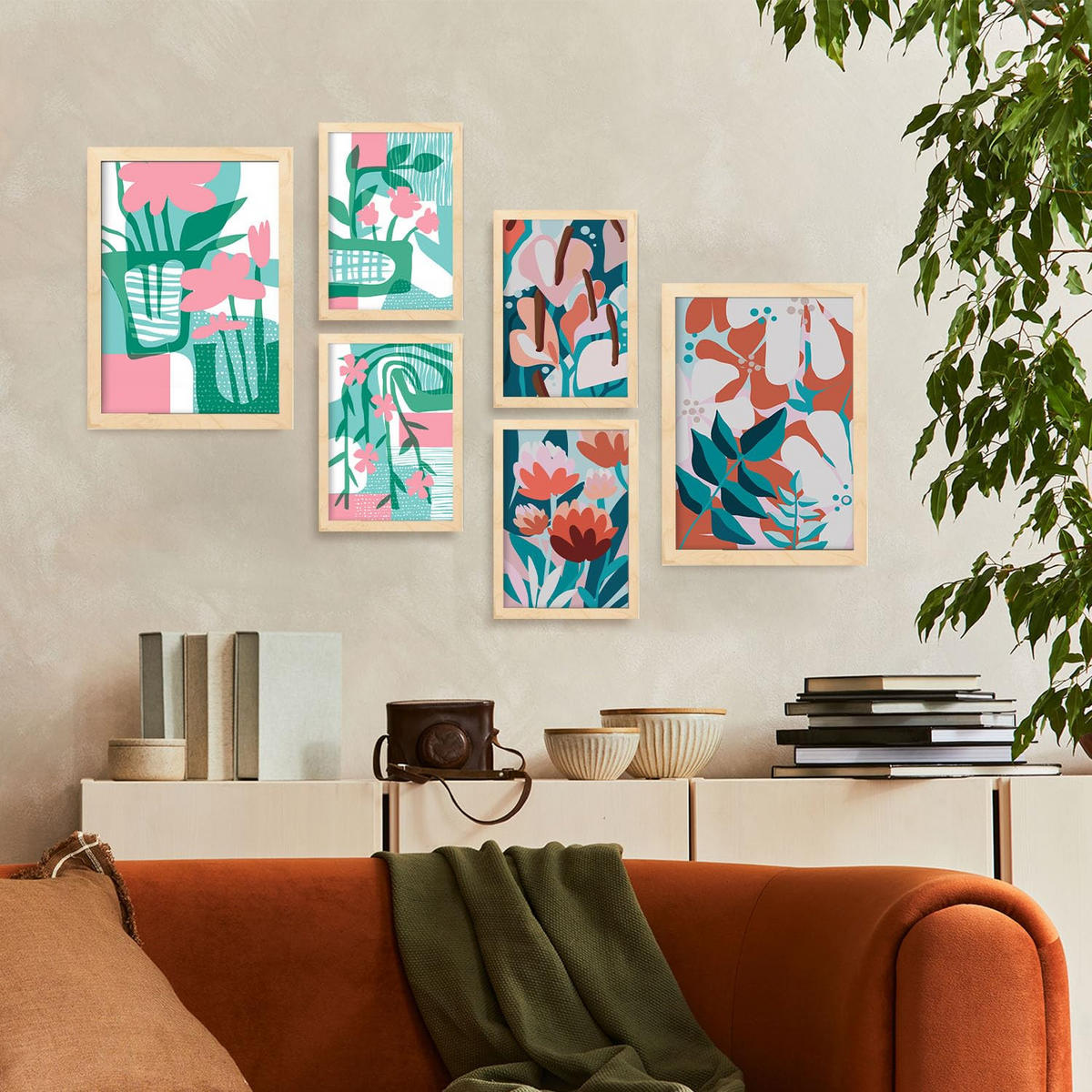 POSTER Set Mit 6 Pinkes Grün In Blume Zusammenfassung Ästhetische Dekorative Gemälde Für Ihr Wohnzimmer Zuhause A3 & A4 Rahmen Aus Hellem Holz - Beige, Papier (29/3cm) - Nacnic