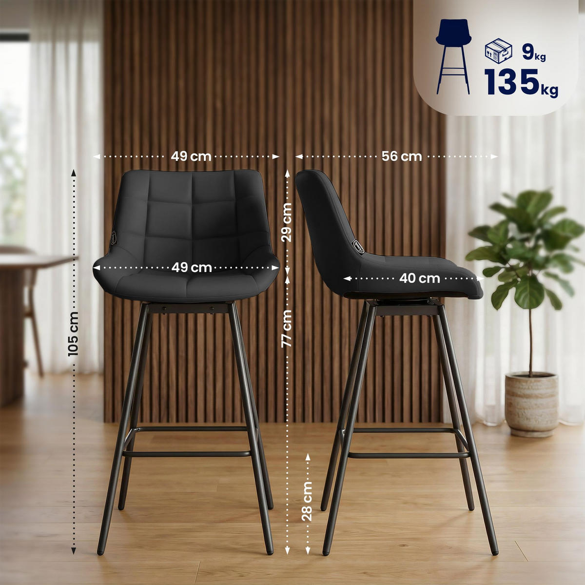 BARHOCKER Lederlook Schwarz - Schwarz, Textil/Metall (49/105/56cm) - CLP