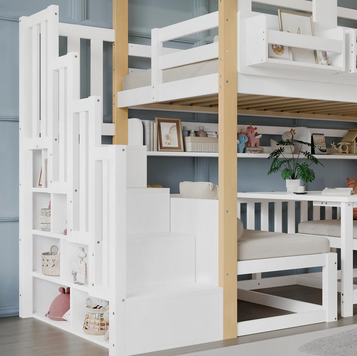ETAGENBETT 90/200 cm in Weiß/Natur mit Aufbewahrungstreppe und Klapptisch - Weiß, Holz (90/200cm) - OKMYHOME