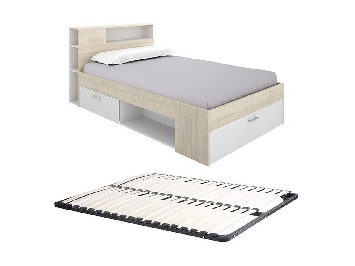 BETT mit Kopfteil, Stauraum & Schubladen + Lattenrost - 120 x 190 cm - Holzfarben & Weiß - LEANDRE - Naturfarben, Holz (120/190cm) - Vente-Unique