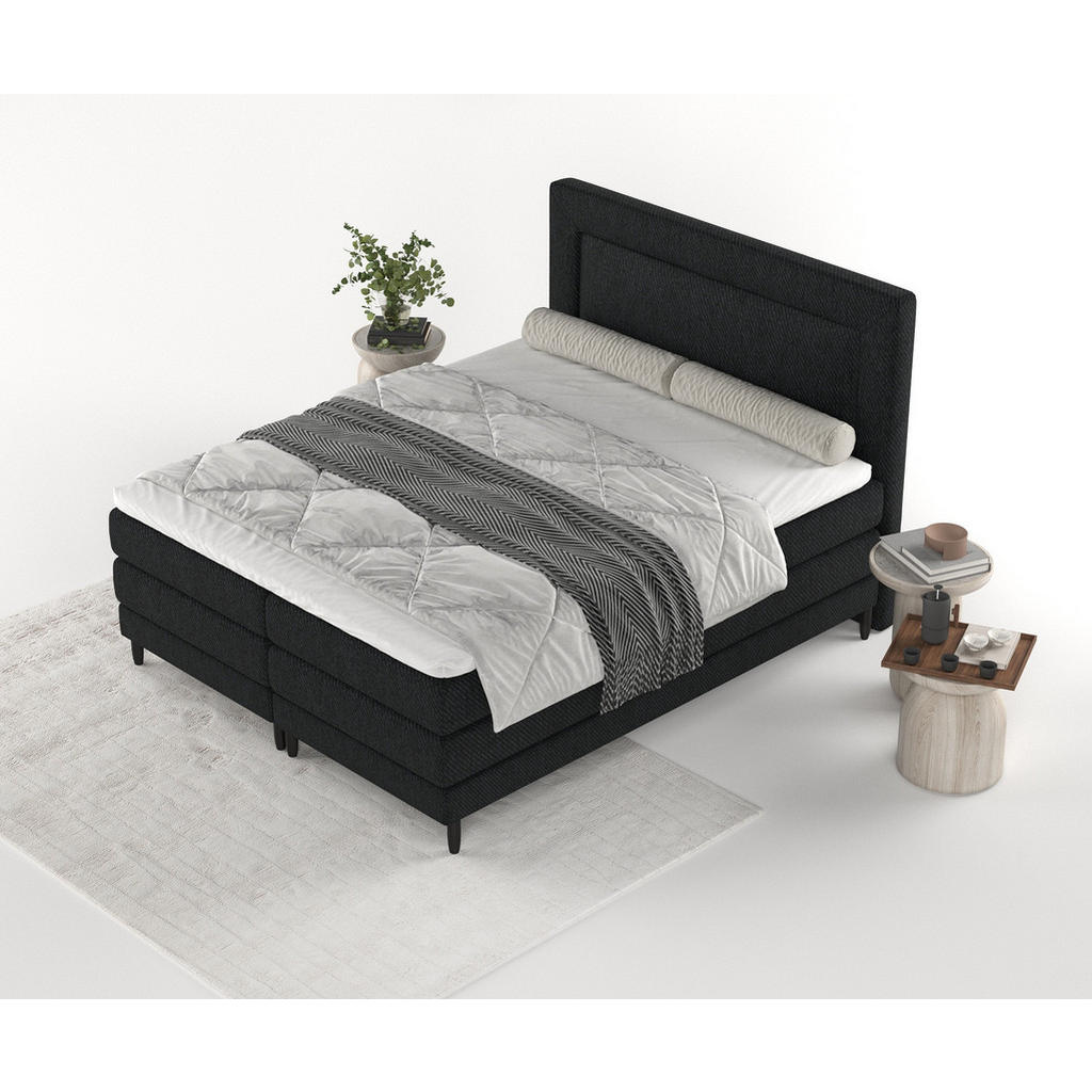 Thumbnail - Maison de Reve Boxspringbett, Schwarz, Textil, Buche, Kiefer, H2 + H3, Höhe ca. 36 cm, 180x200 cm, Oeko-Tex® Standard 10...