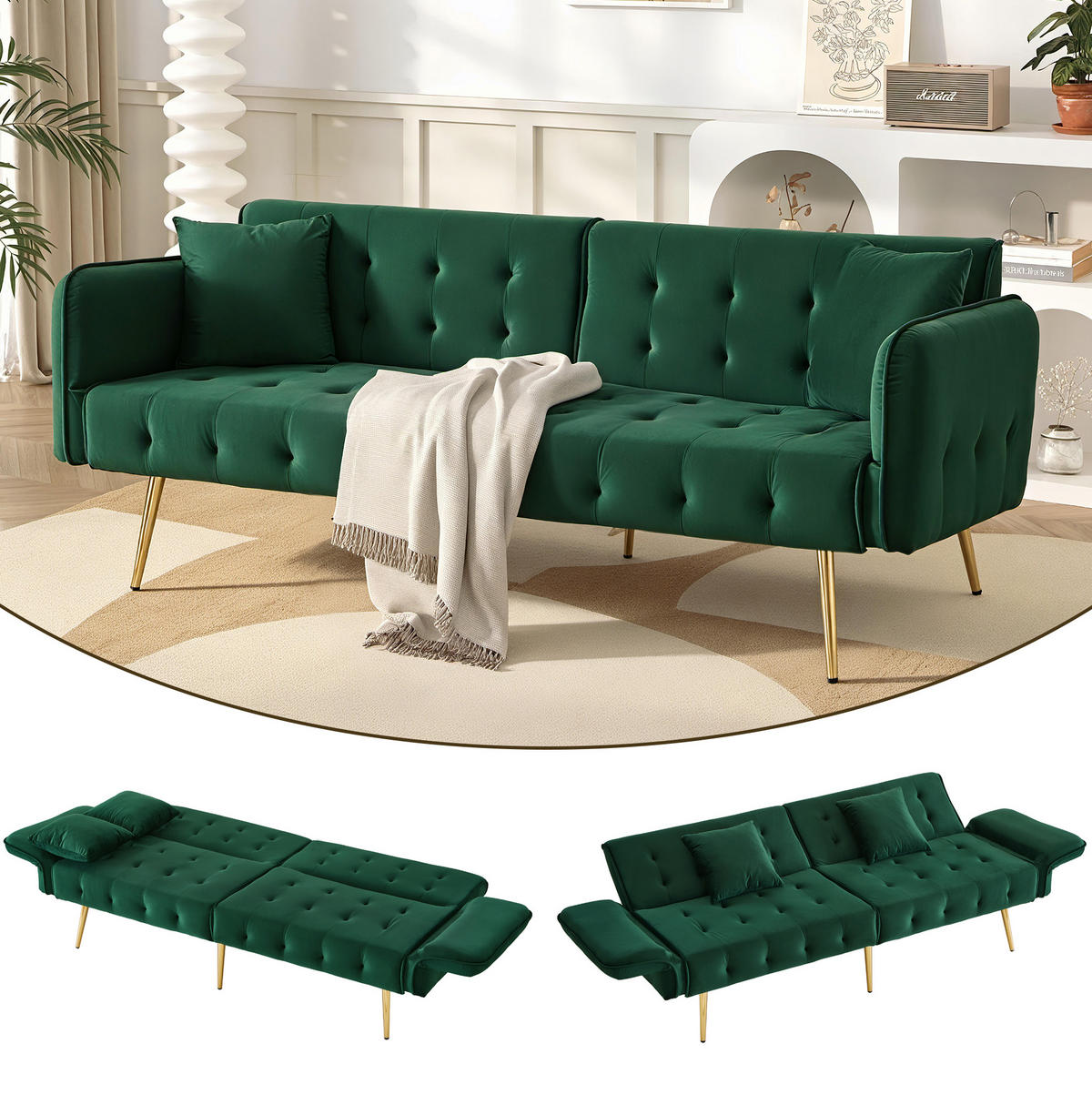 SOFABETT 2-in-1 215 x 81,5 cm Velours Green - Grün, Kunststoff (178/70/82cm) - Meubliv