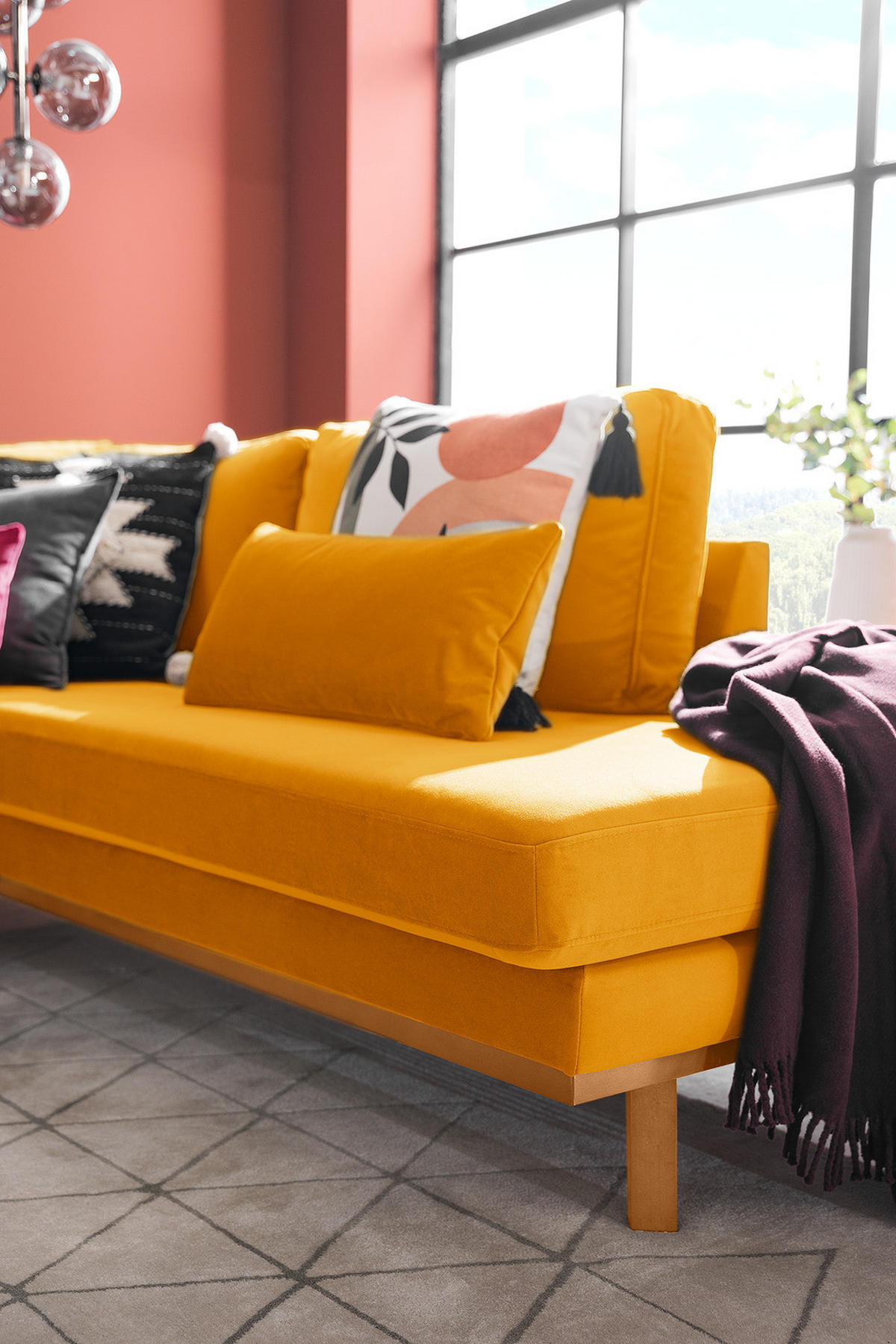 ECKSOFA mit Ottomane - Gelb/Buchefarben, Buchenholz/Textil (287/219cm) - home24