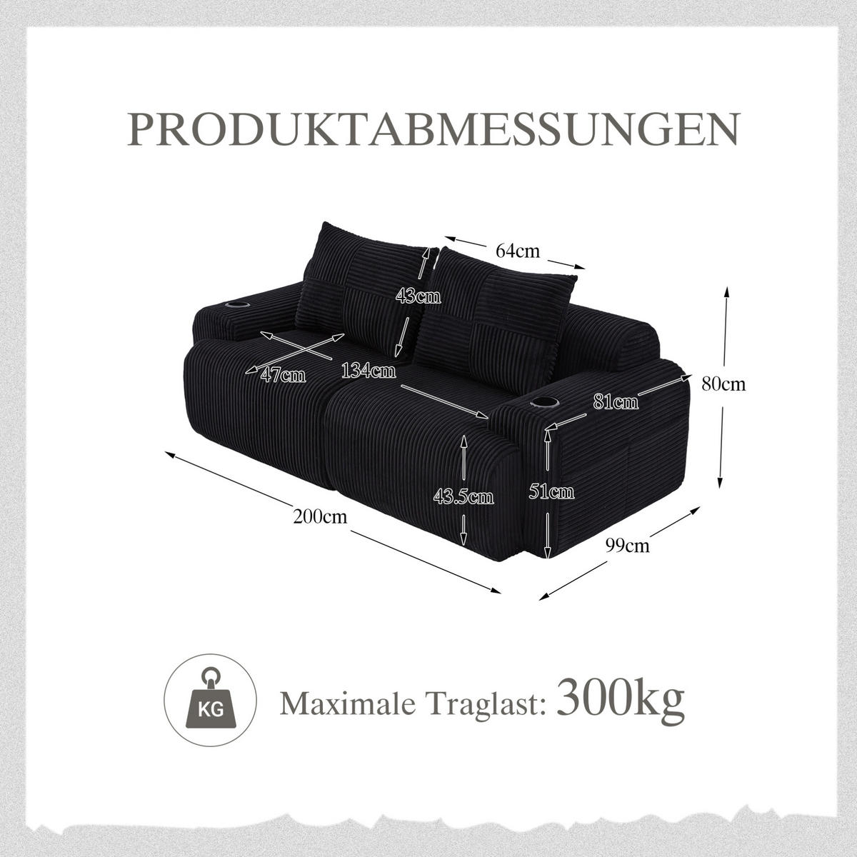 MODULÁRNÍ sofa 200/99/80 cm černá z manšestru s držákem nápojů a boční kapsou - černá, textil (99/80/200cm) - OKWISH