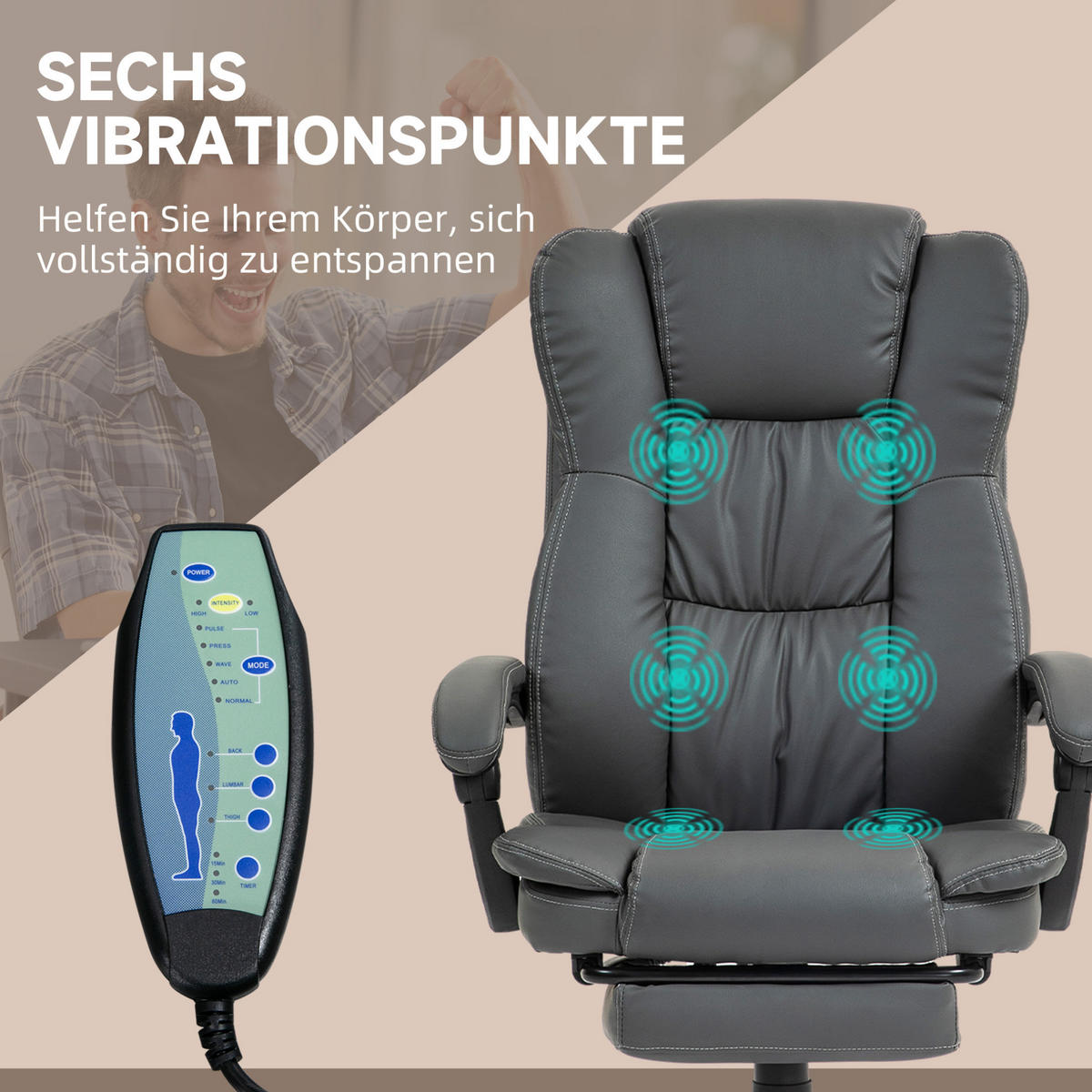 CHEFSESSEL in Dunkelgrau 68,5x68,5x121 cm mit Massagefunktion, Fußstütze und verstellbarer Rückenlehne - Dunkelgrau, Kunststoff (68.5/121/68.5cm) - IVMEU