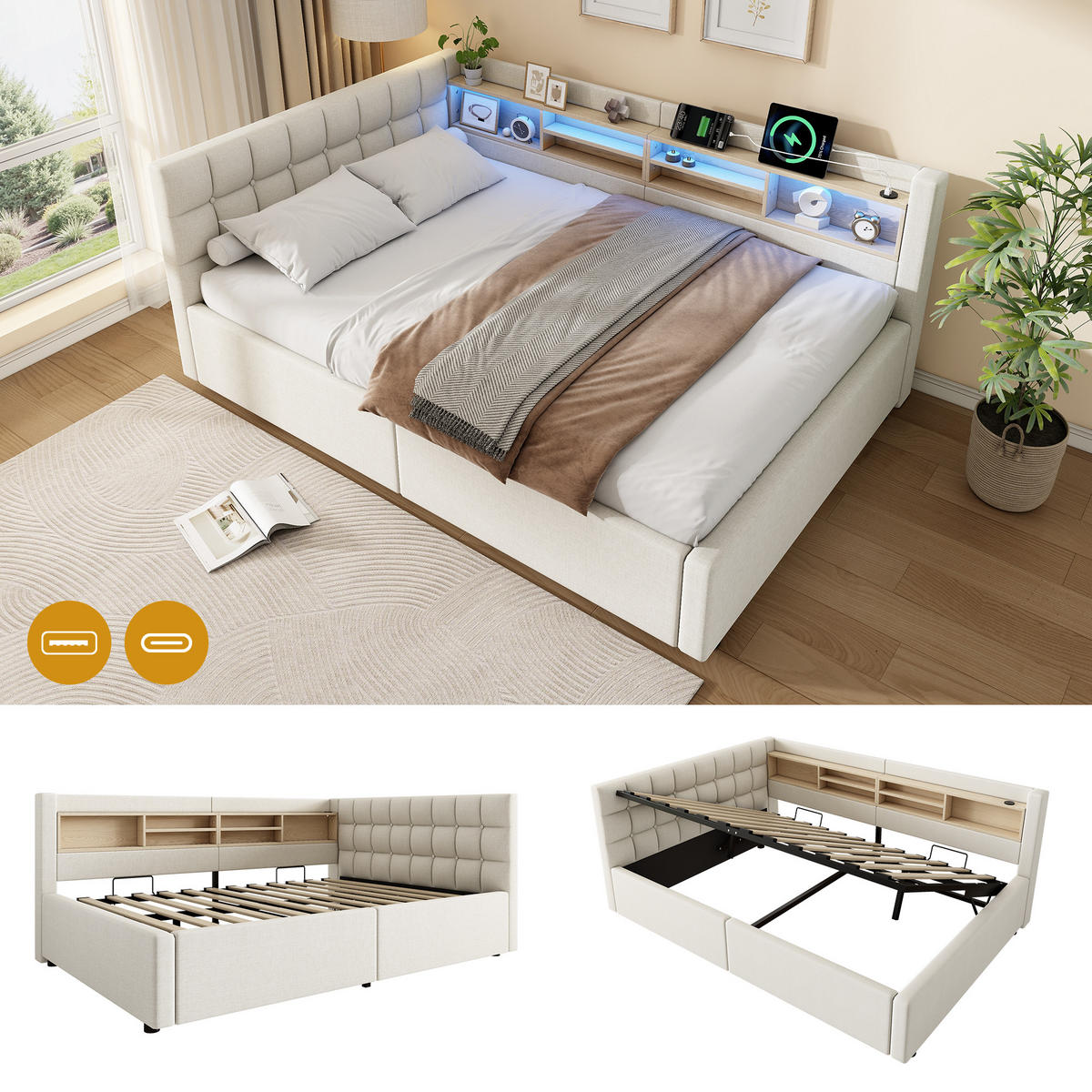 TAGESBETT 140x200cm Schlafsofa Hydraulik LED USB Beige - Beige, Naturmaterialien (140/200cm) - FLIEKS